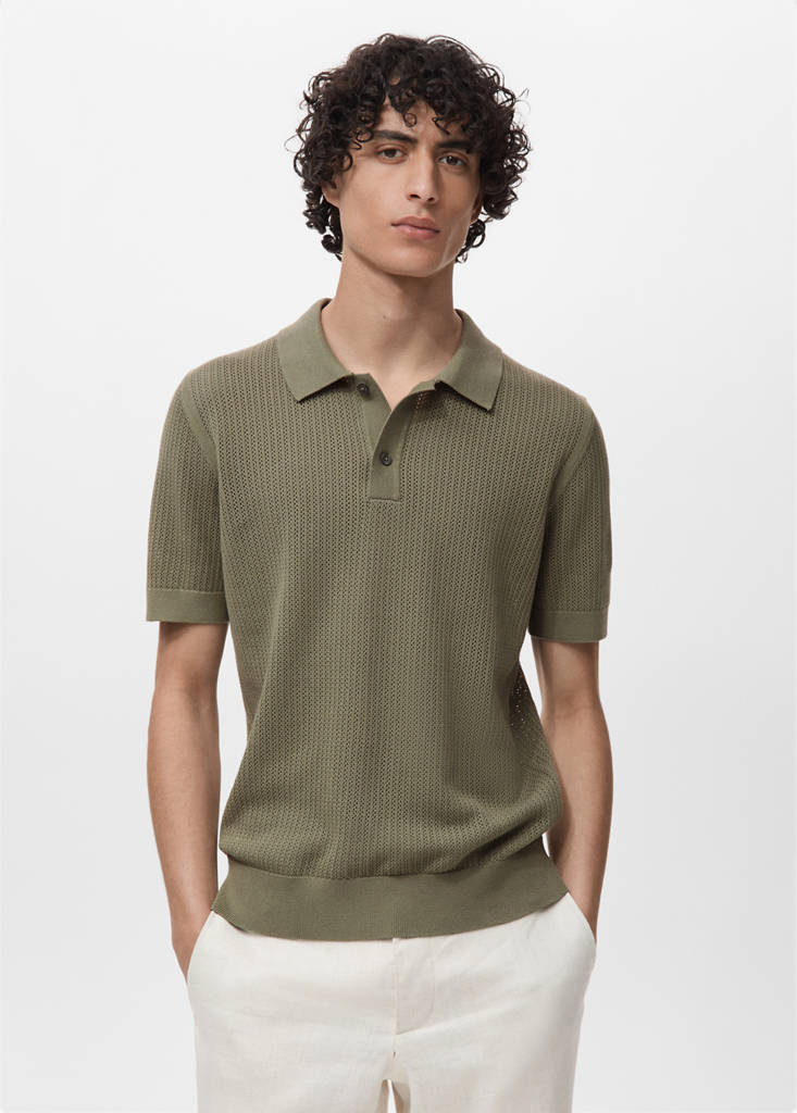 Openwork knitted cotton polo shirt — Green