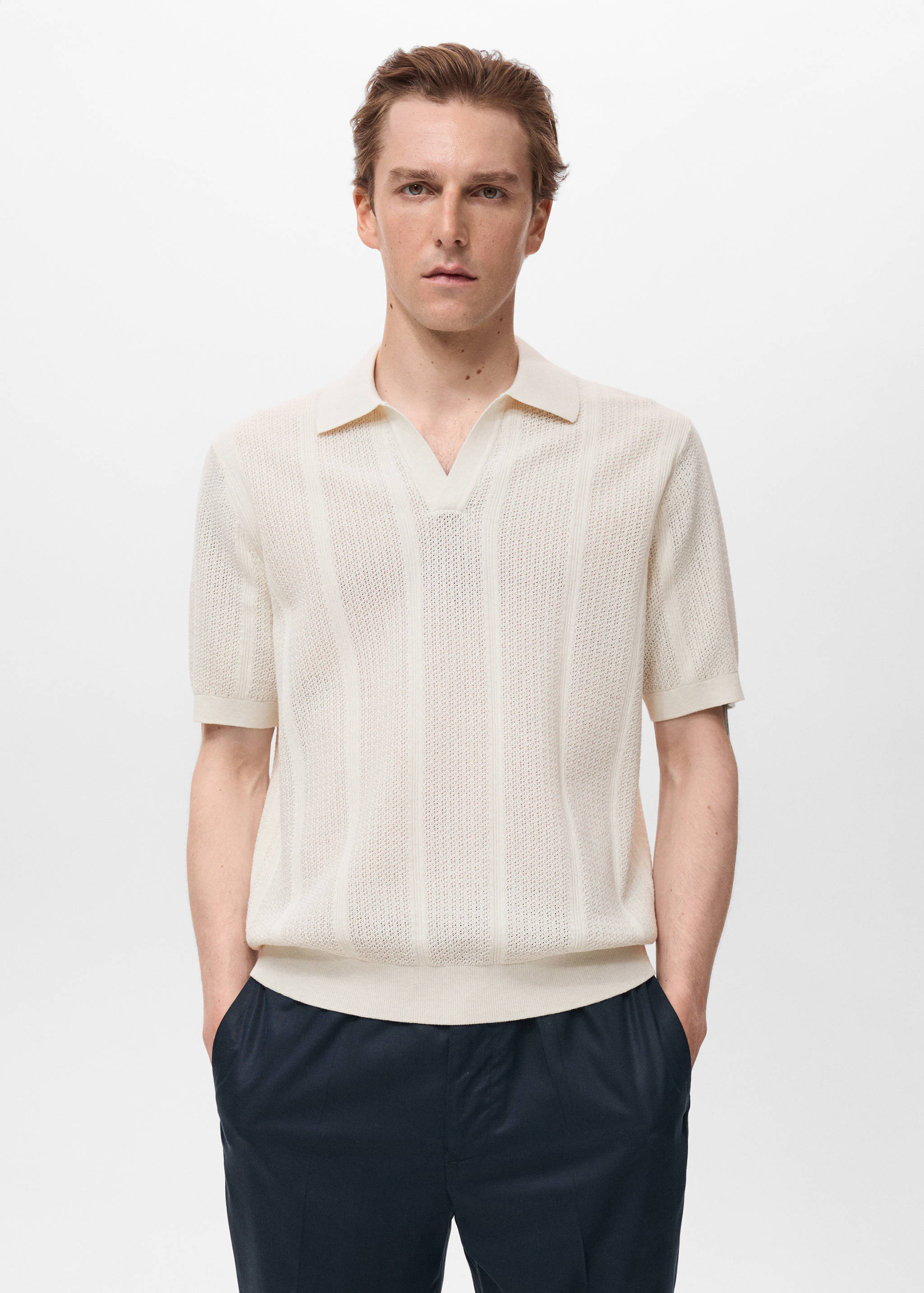 Knitted cotton polo shirt with lace pattern - Medium plane