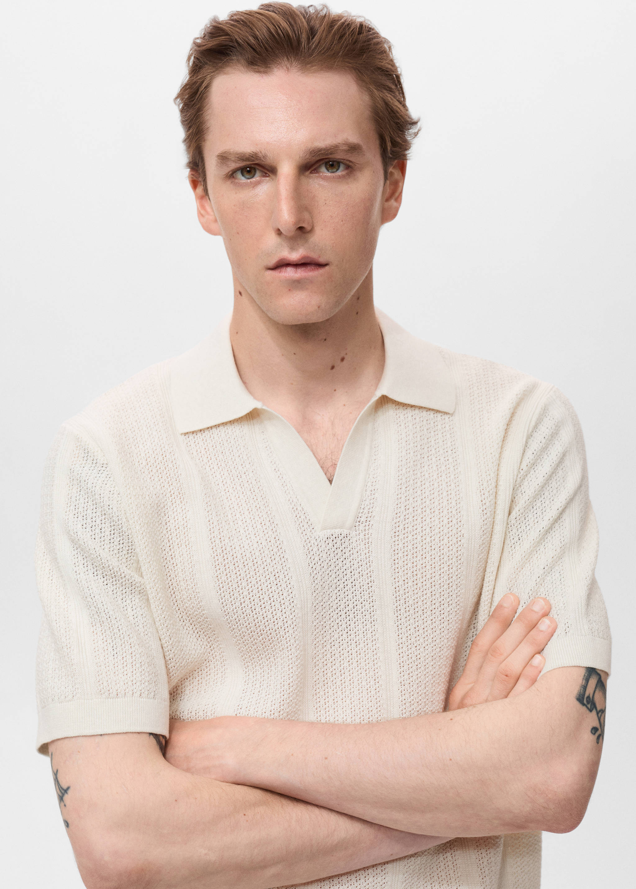 Knitted cotton polo shirt with lace pattern - Details of the article 1