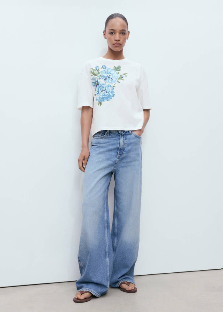 MANGO - T-shirt coton imprimé fleur blanc cassé - S