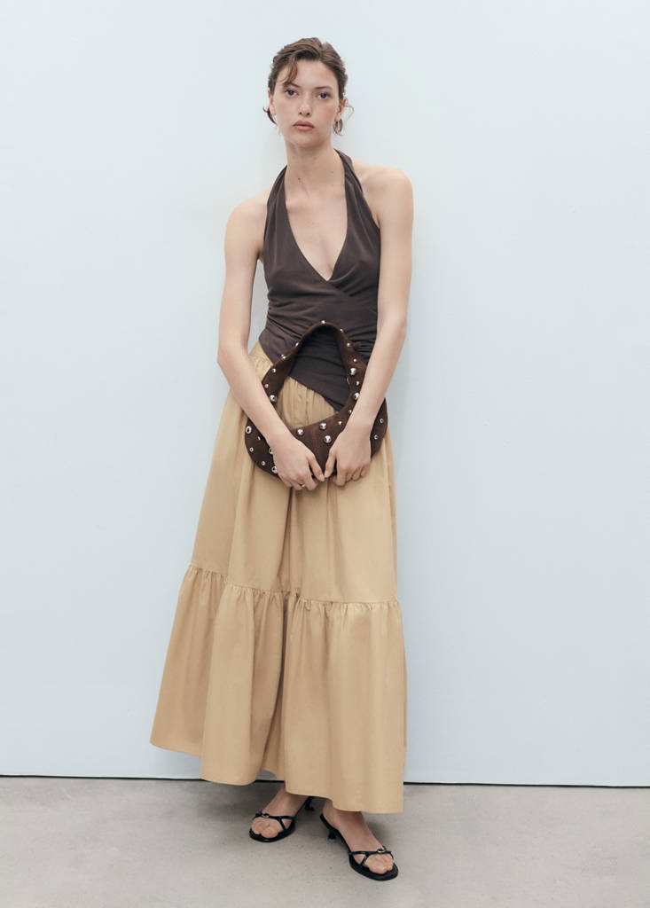 Long cotton A-line skirt — Beige