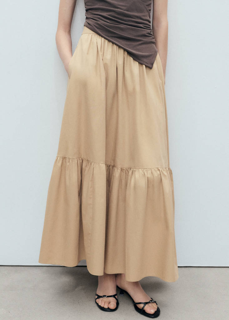 Long cotton A-line skirt — Beige