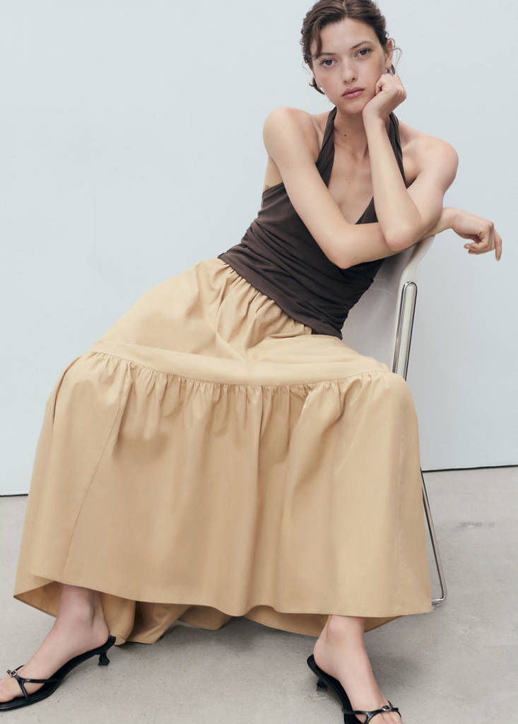 Long cotton A-line skirt — Beige