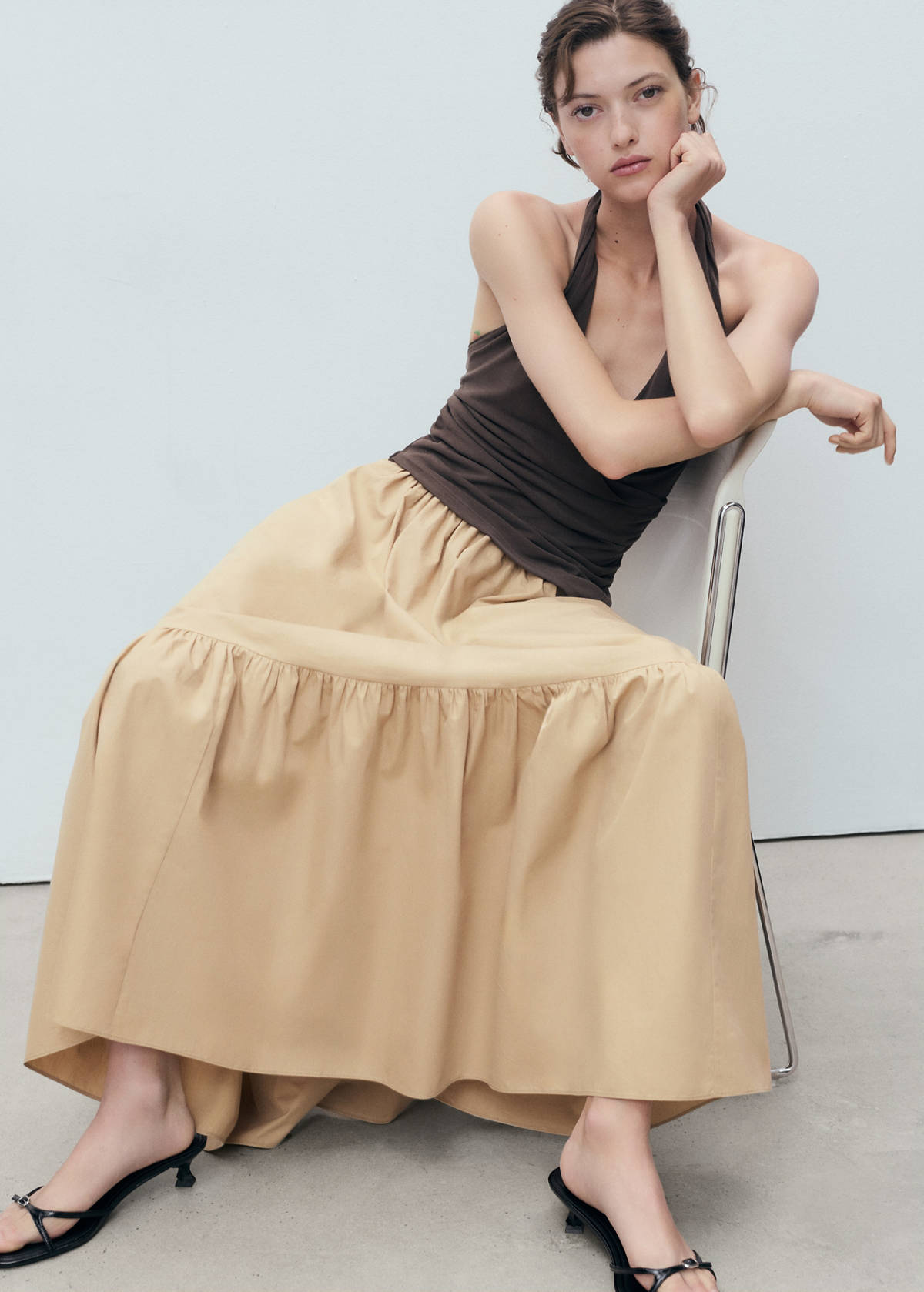 Long cotton A-line skirt — Beige