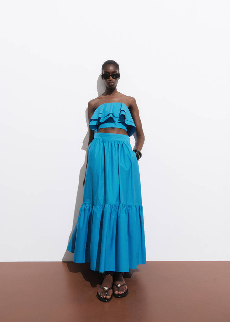 Long cotton A-line skirt — Blue