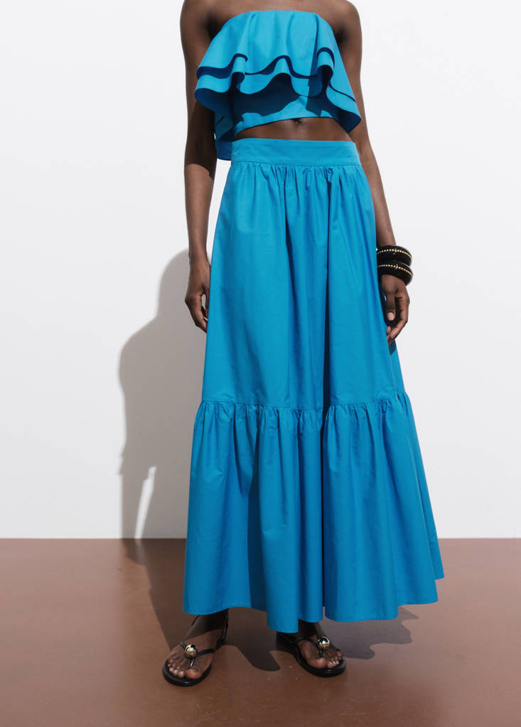 Long cotton A-line skirt — Blue