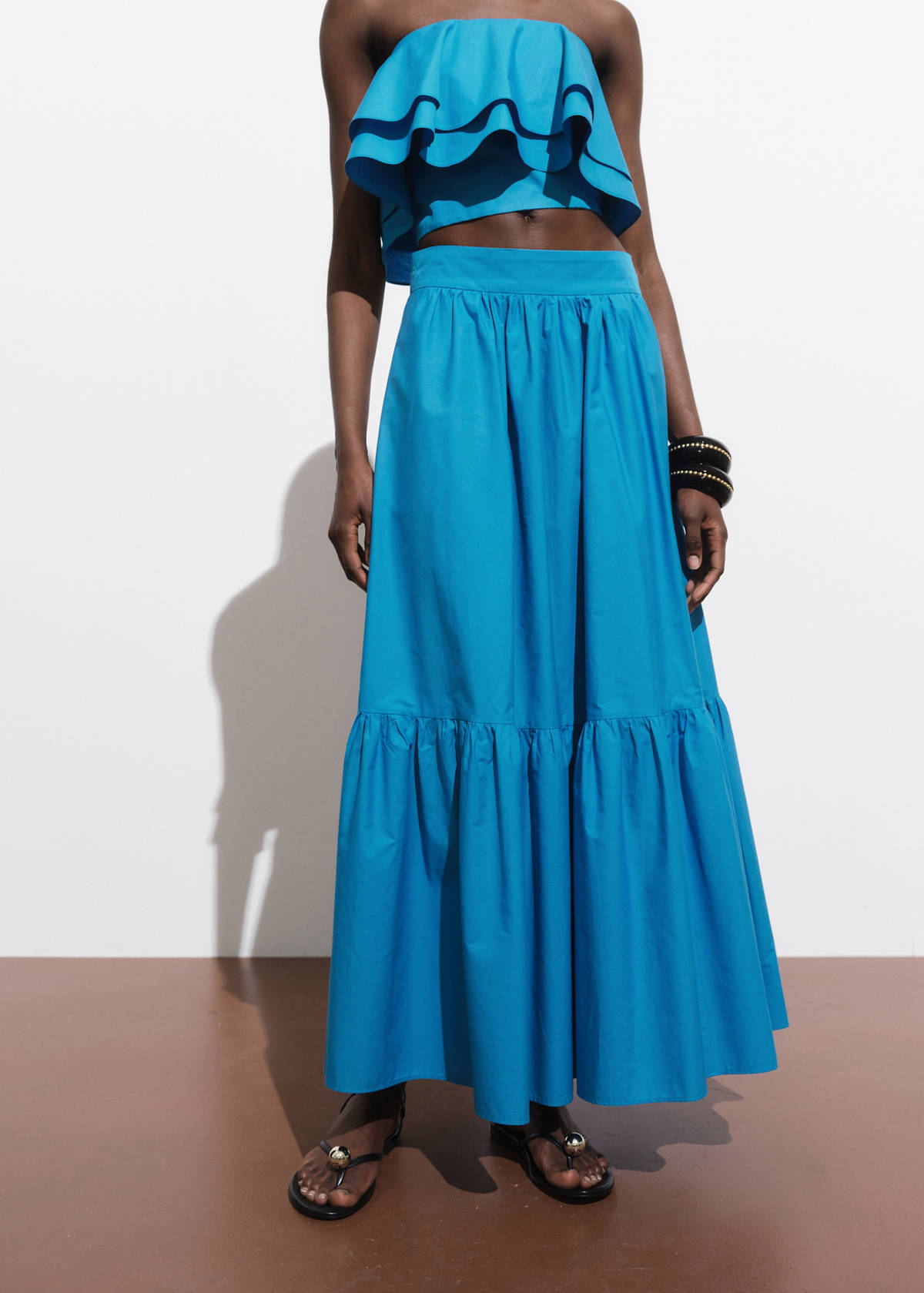 Long cotton A-line skirt — Blue