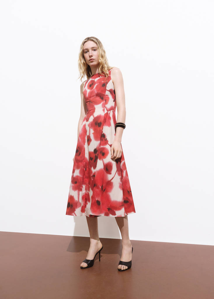 Floral-print flared dress — Ecru