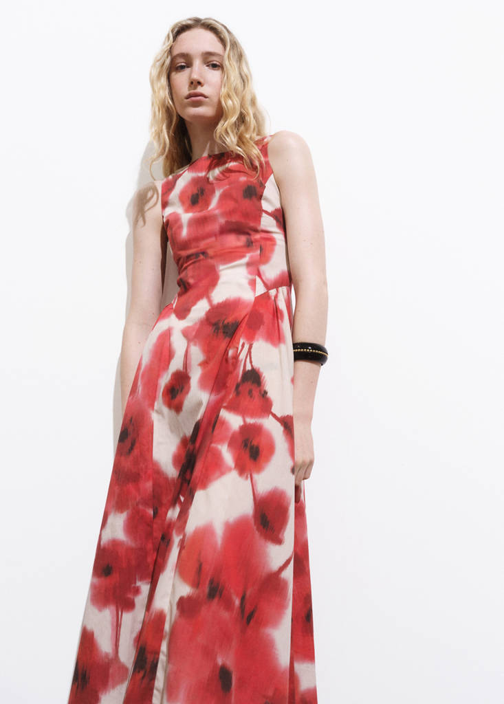 Floral-print flared dress — Ecru
