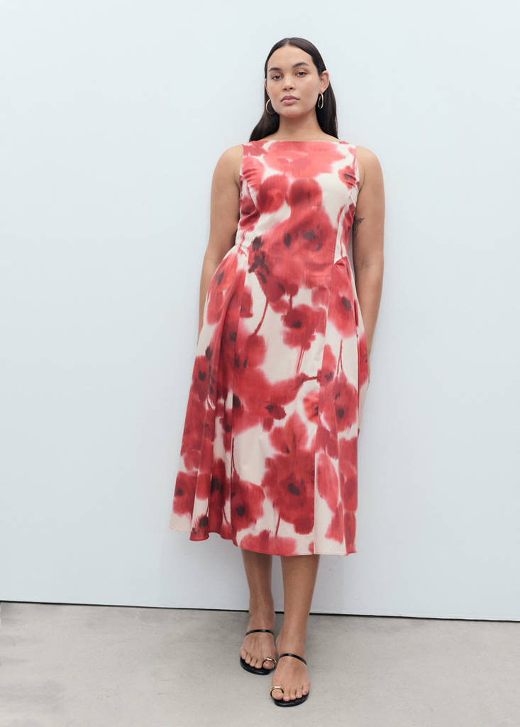 Floral-print flared dress — Ecru