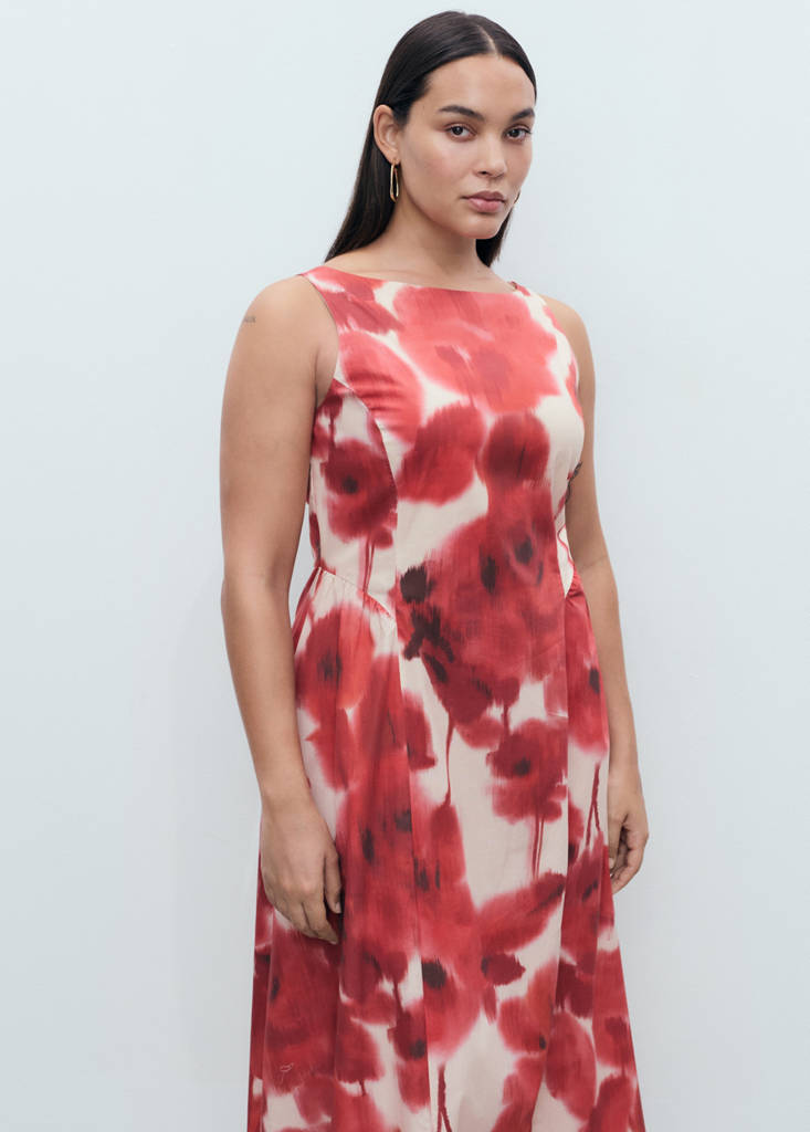 Floral-print flared dress — Ecru