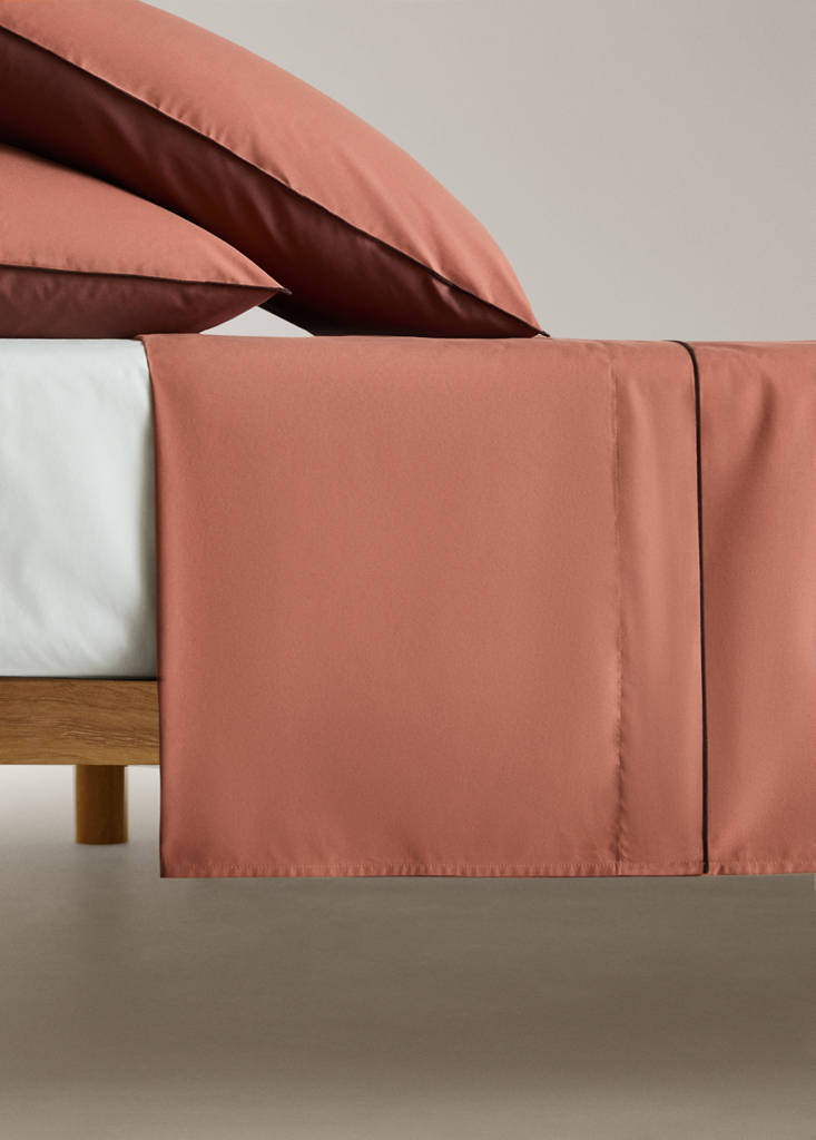 MANGO HOME - Drap plat percale de coton 200 fils overlock contraste lit 180/200 cm rose géranium - Lit 180/200 cm