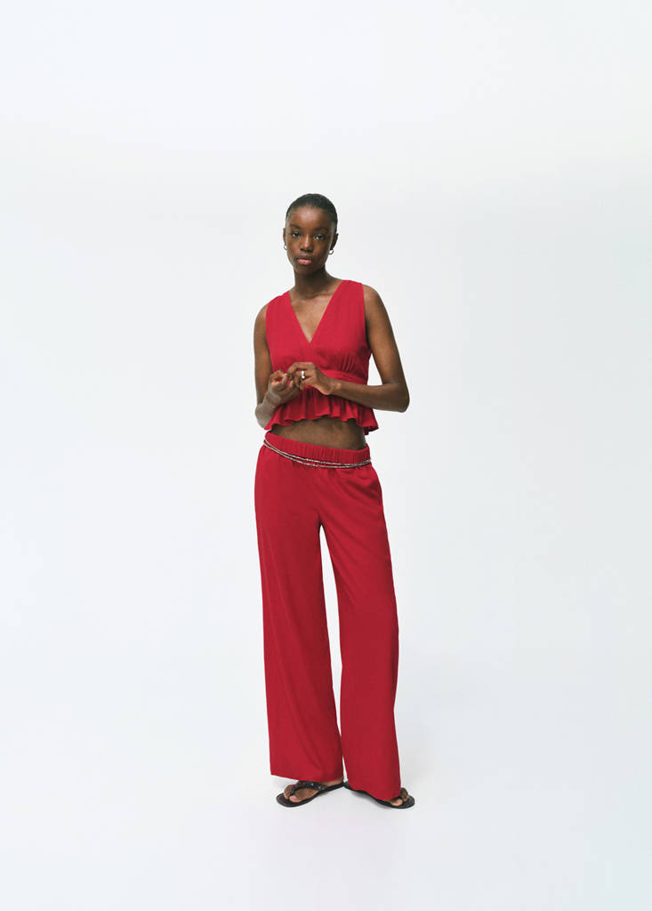 Linen trousers with elastic waistband — Red