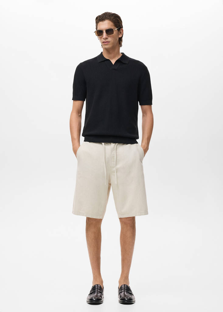 Linen-blend bermuda shorts with drawstring — Ecru