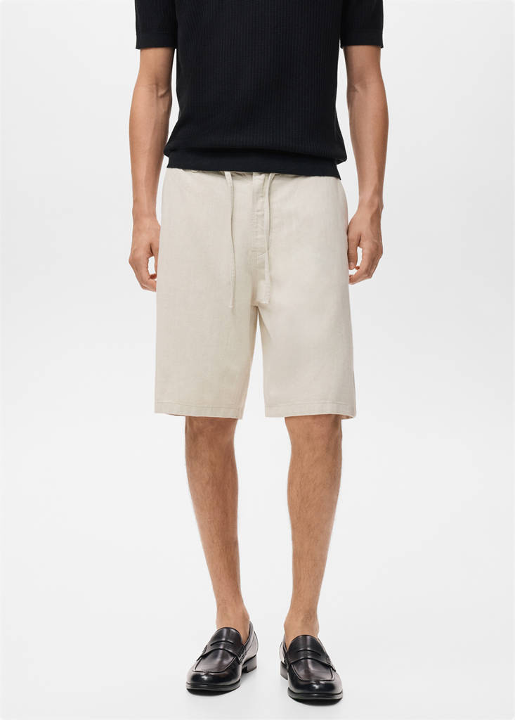 Linen-blend bermuda shorts with drawstring — Ecru