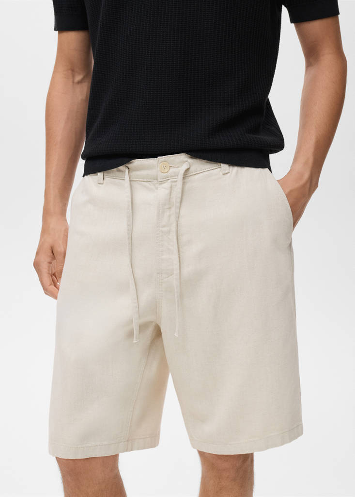 Linen-blend bermuda shorts with drawstring — Ecru
