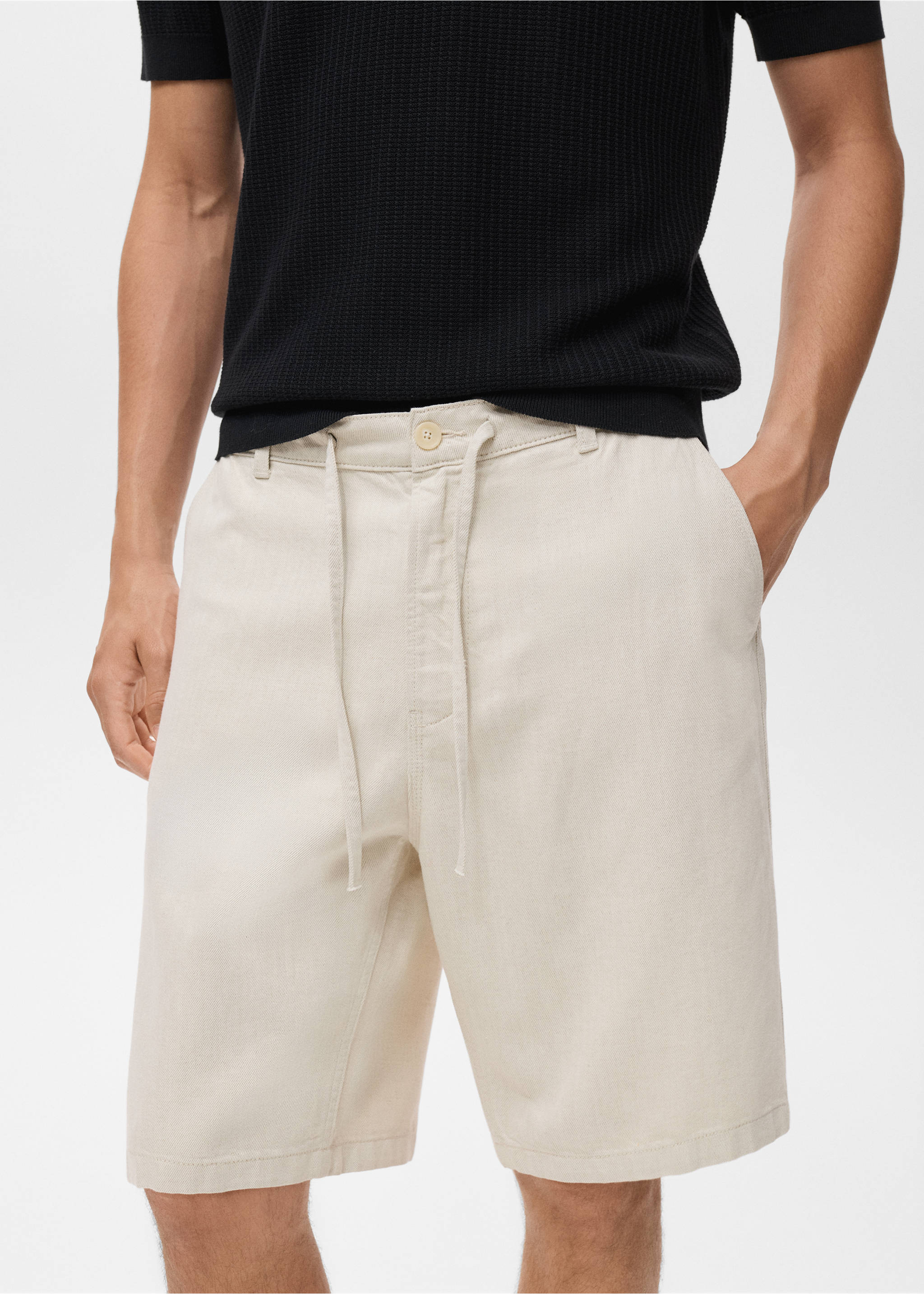 Linen-blend bermuda shorts with drawstring - Details of the article 1, Ecru. Ref: 17032906-00.
