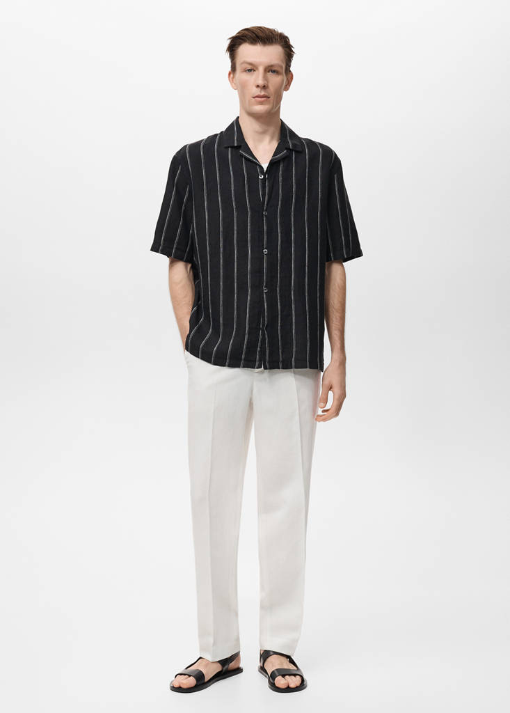 MANGO MAN - Chemise à rayures 100 % lin manches courtes noir - L