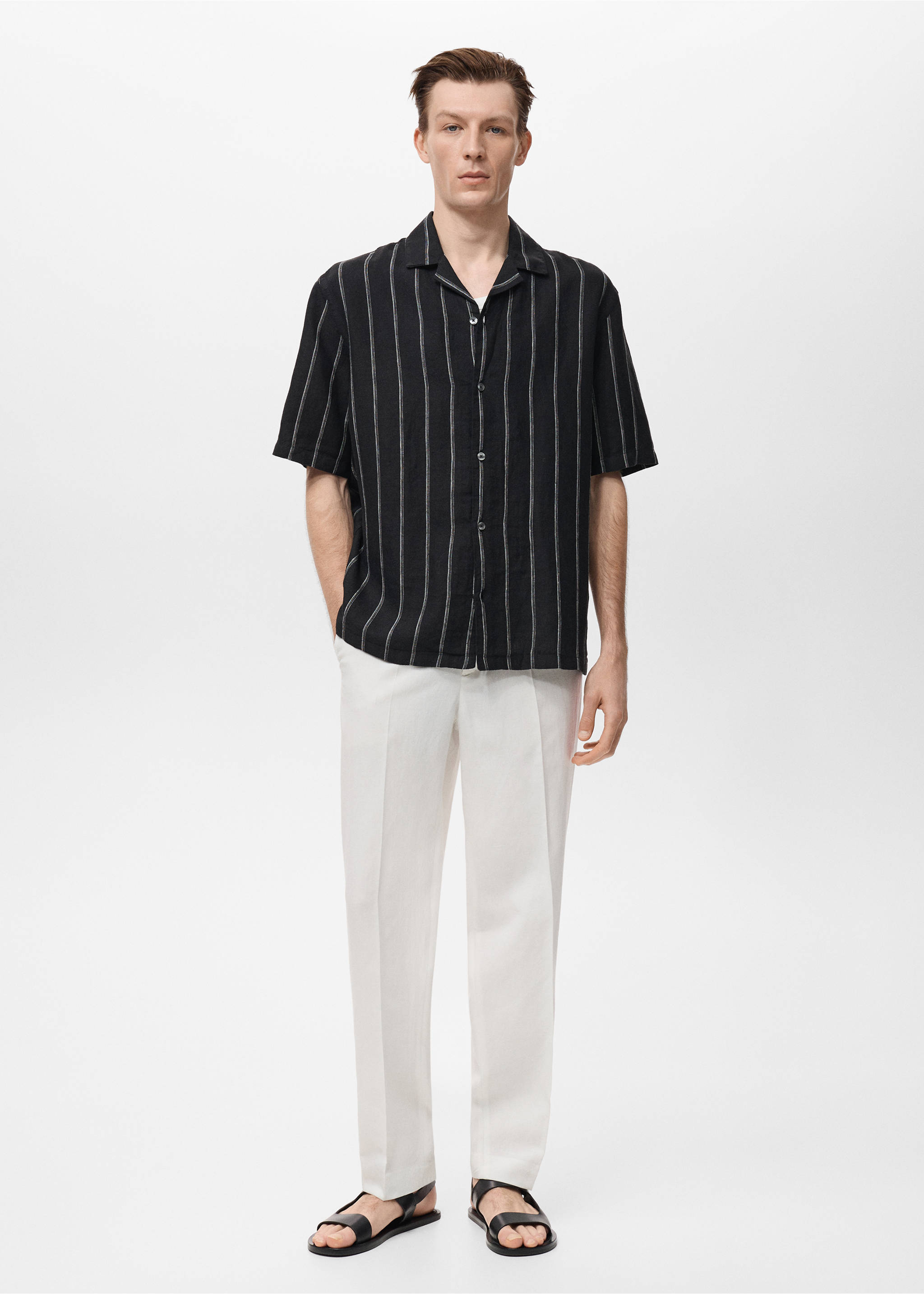 100% linen short-sleeve striped shirt - General plane, Black. Ref: 17032914-00.