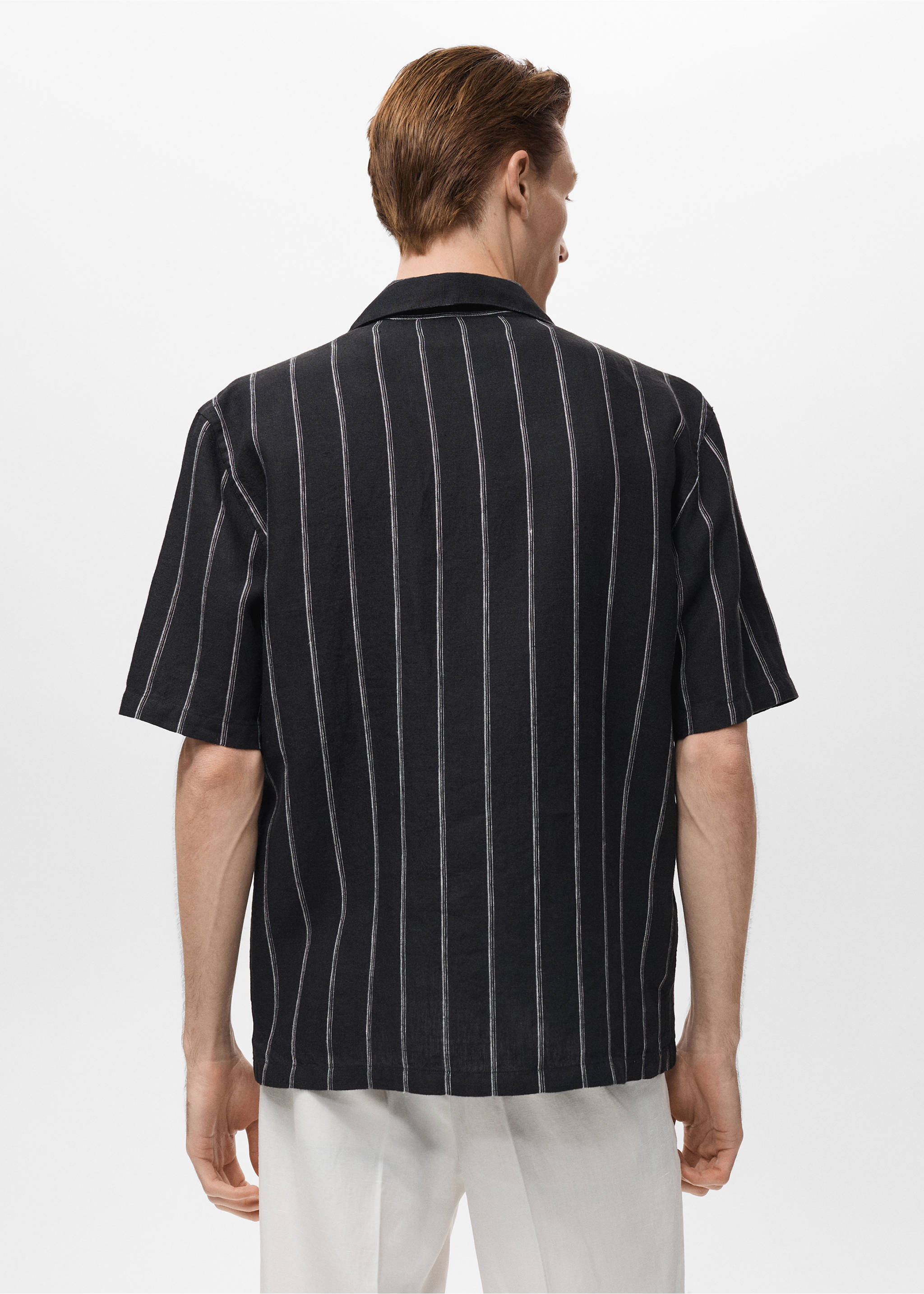 100% linen short-sleeve striped shirt - Reverse of the article, Black. Ref: 17032914-00.