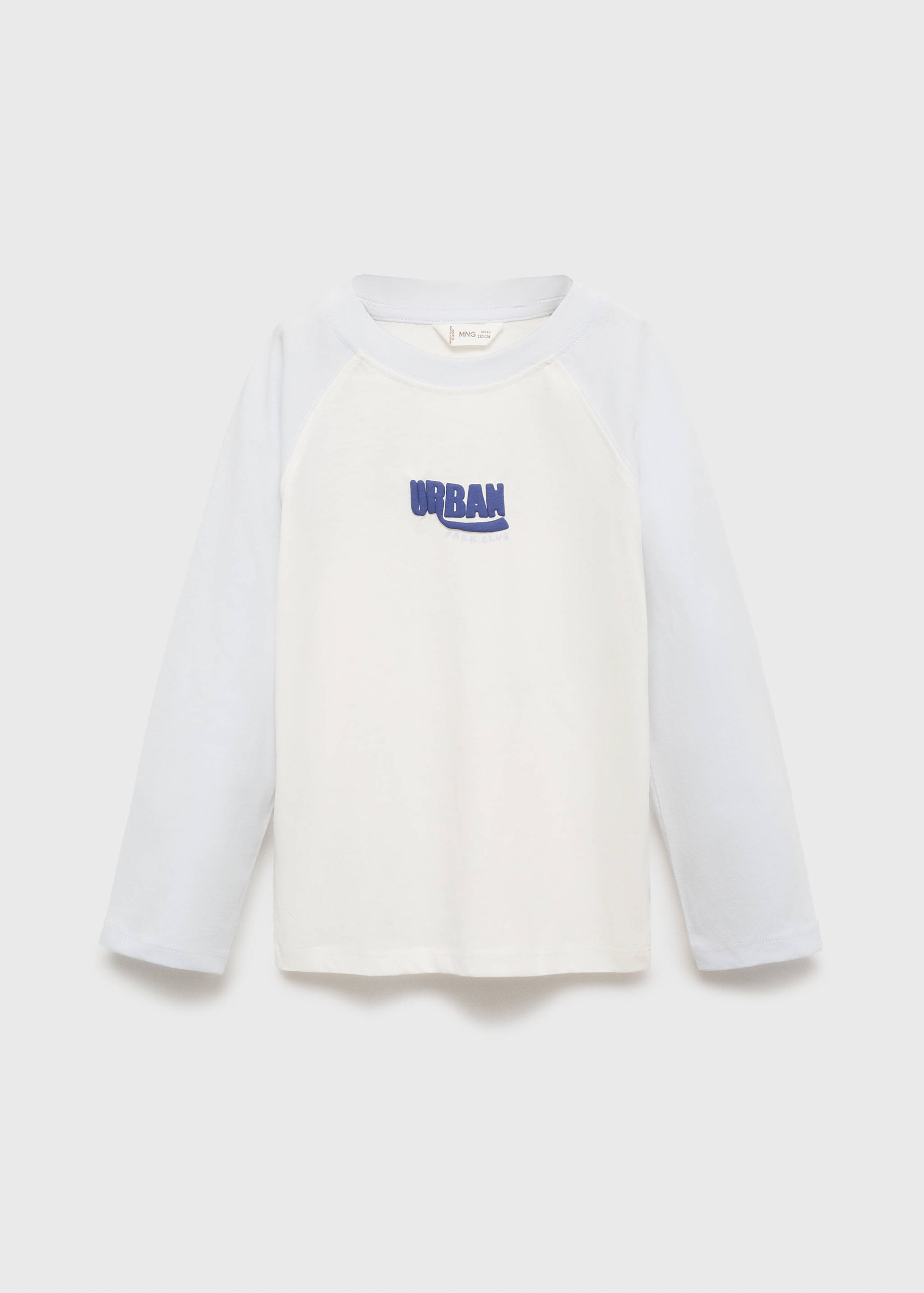 White and cream long-sleeve t-shirt with raglan sleeves and blue text.
