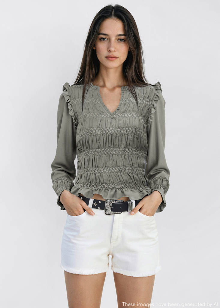 Ruffled blouse with embroidered details — Medium Green