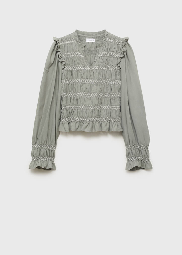Ruffled blouse with embroidered details — Medium Green