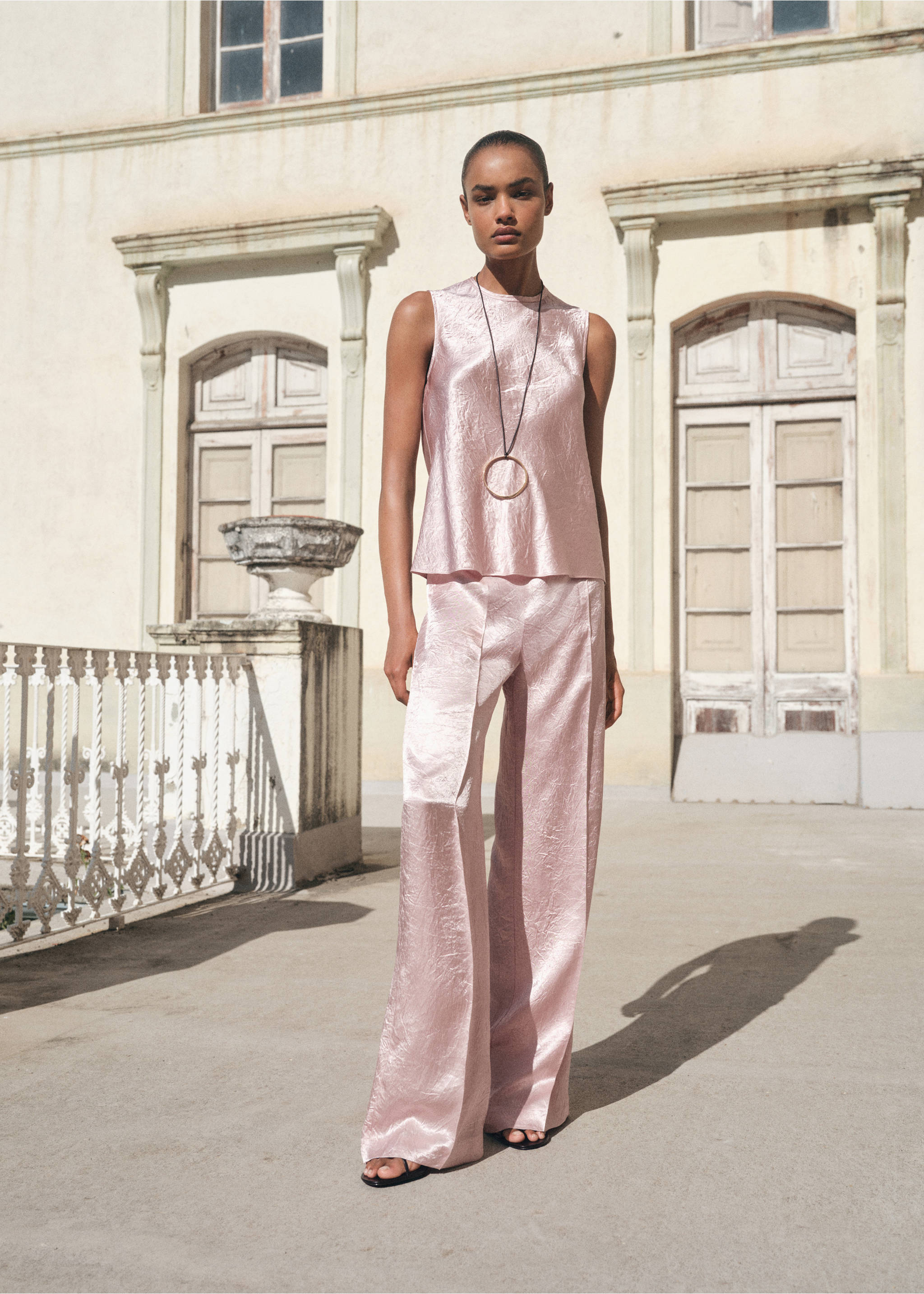 Blouse satinée effet froissé - Plan général, Rose pastel. Ref: 17034096-00.