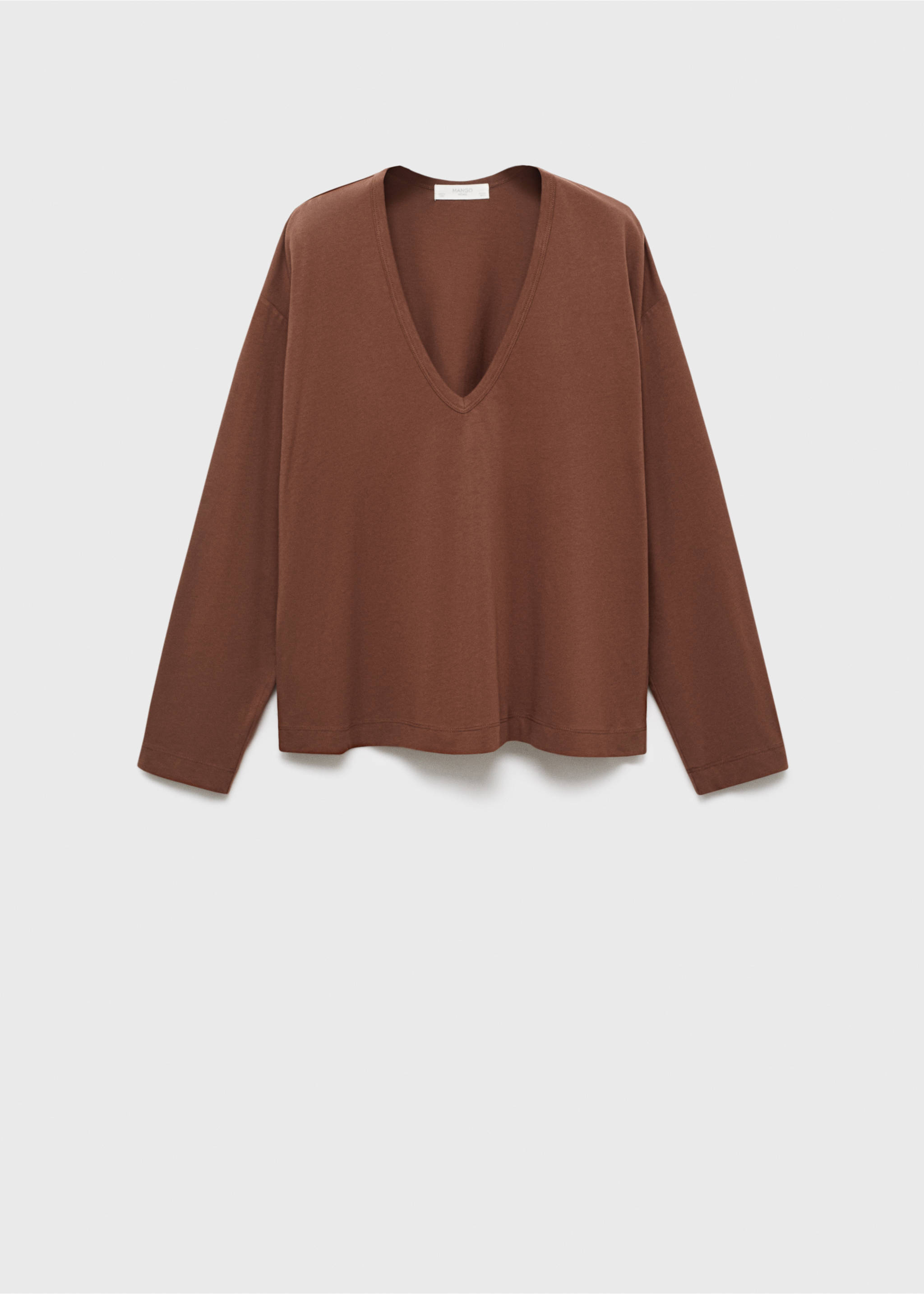 Brown pyjama t-shirt with a deep V-neck and long sleeves., Brown. Ref: 17034112-00.