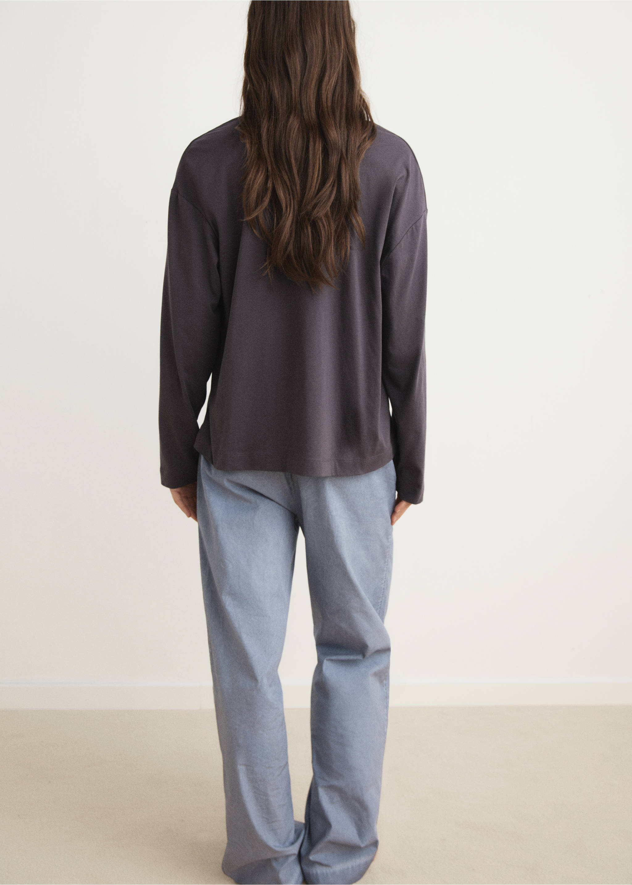 Dark grey long-sleeved pyjama t-shirt with relaxed fit, back view., Charcoal. Ref: 17034112-00.