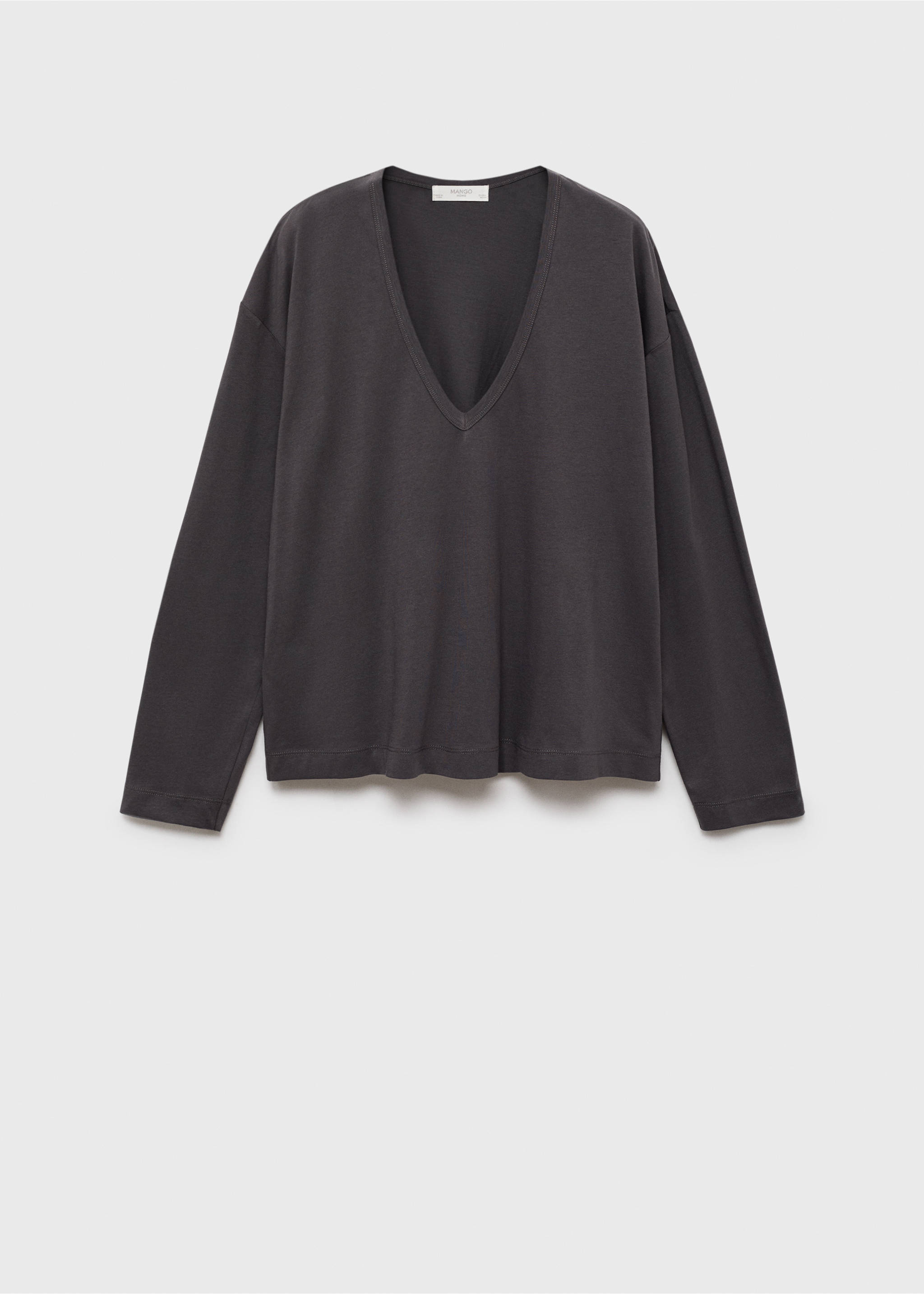 Dark grey long-sleeved t-shirt with a deep V-neckline., Charcoal. Ref: 17034112-00.