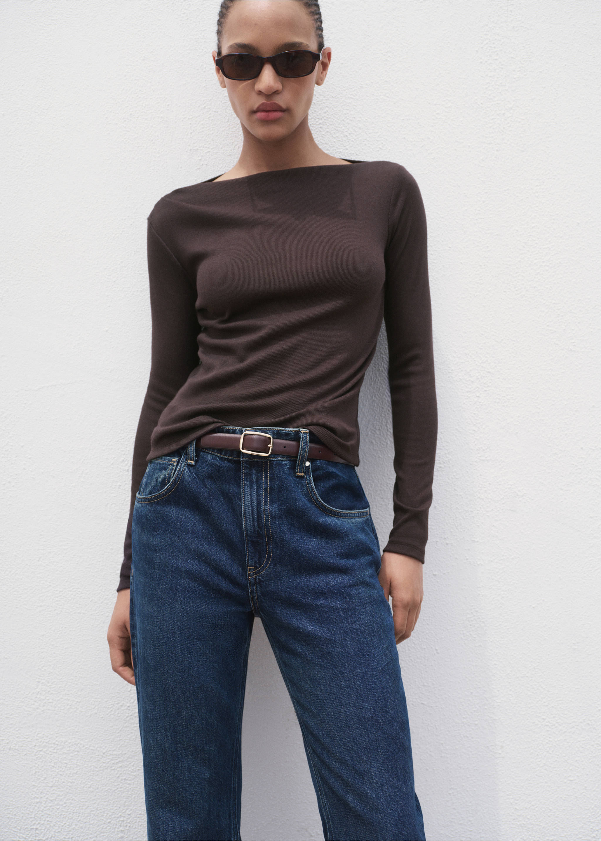 Long-sleeved boat-neck t-shirt - Medium plane, Chocolate. Ref: 17034142-00.