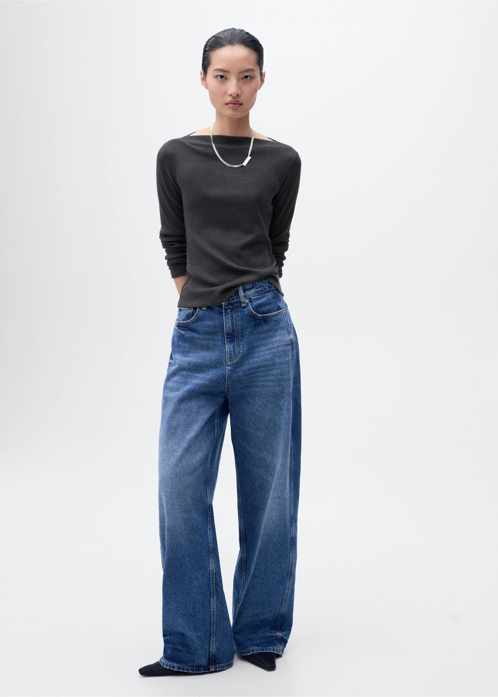 Long-sleeved boat-neck t-shirt - General plane, Charcoal. Ref: 17034142-00.