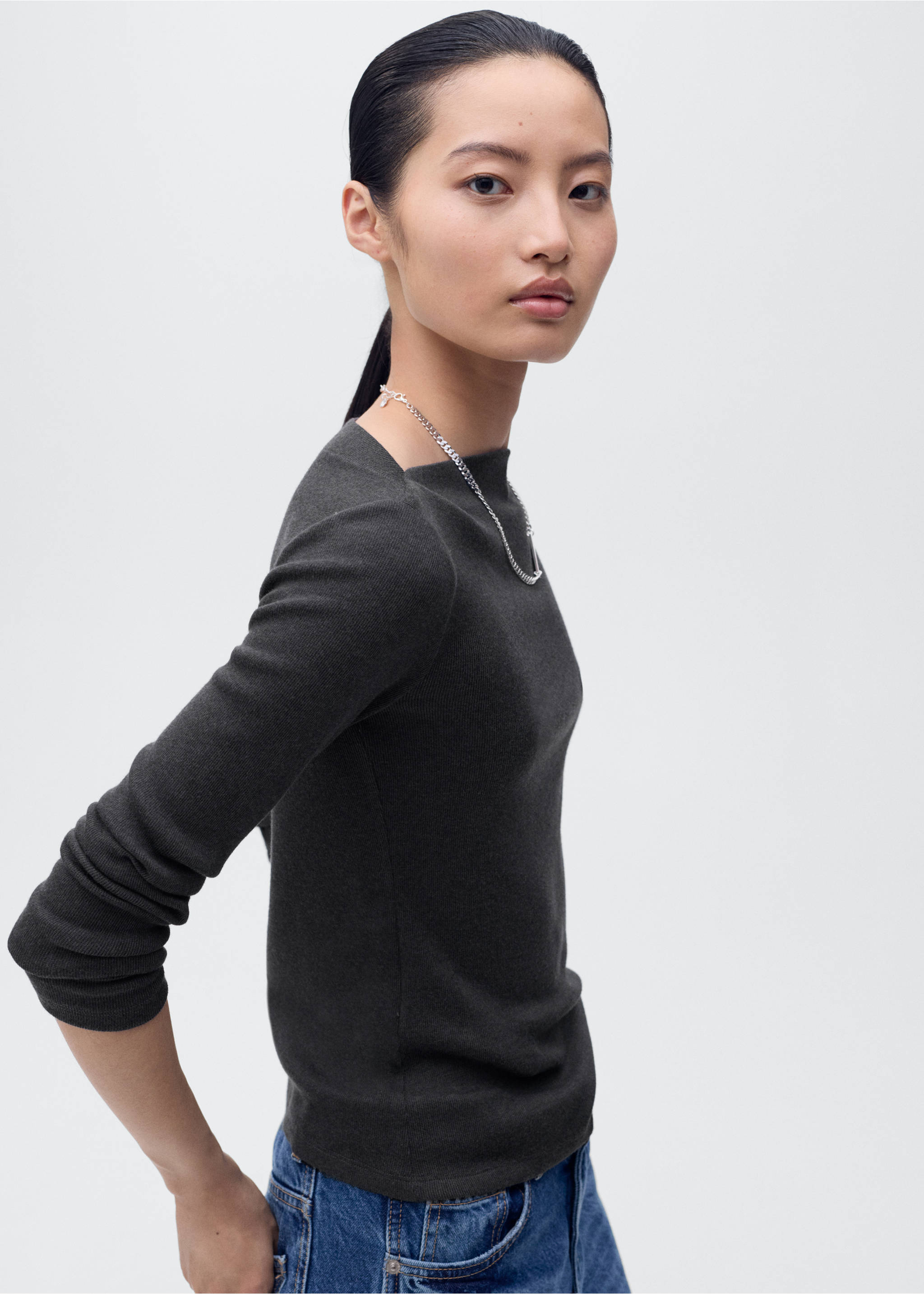 Long-sleeved boat-neck t-shirt - Medium plane, Charcoal. Ref: 17034142-00.