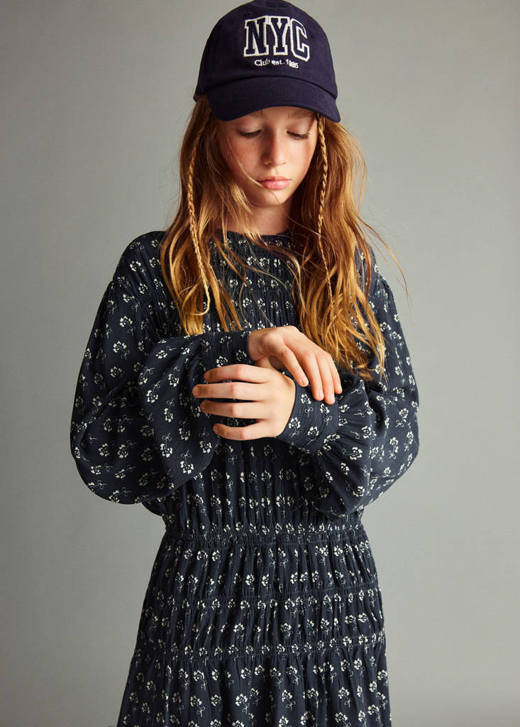 Floral puff-sleeve dress — Navy