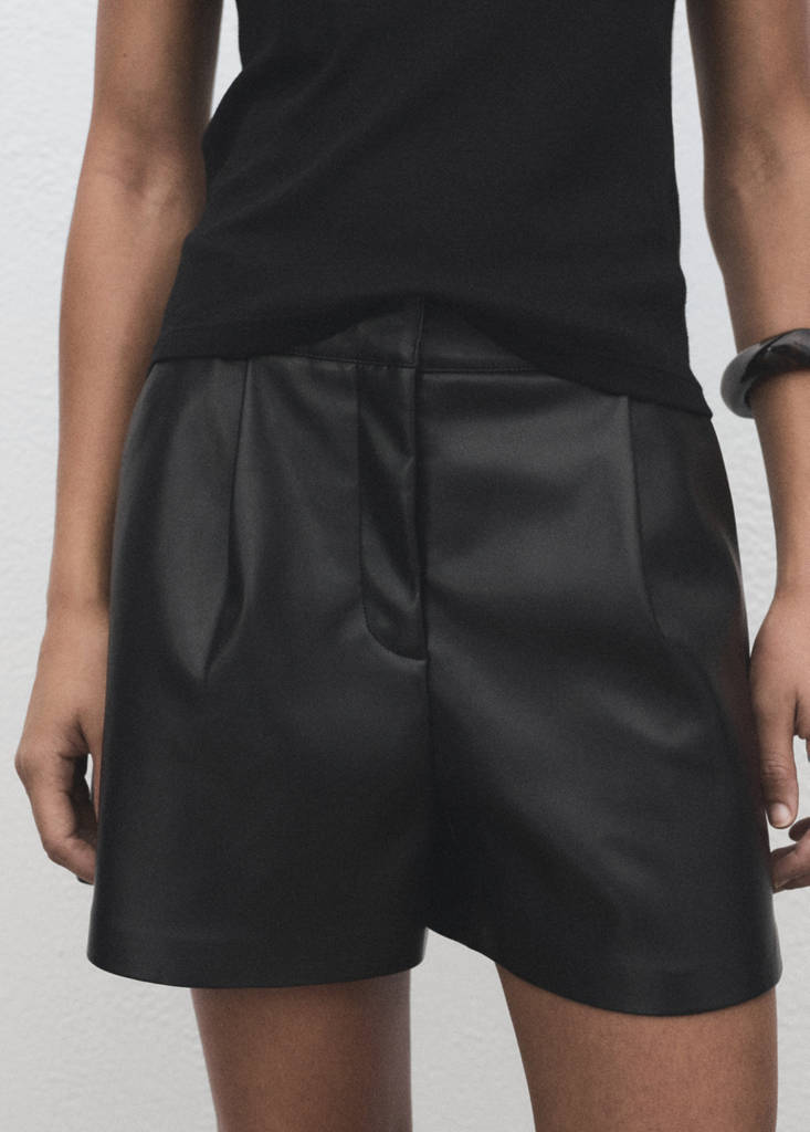 Pleated faux-leather shorts