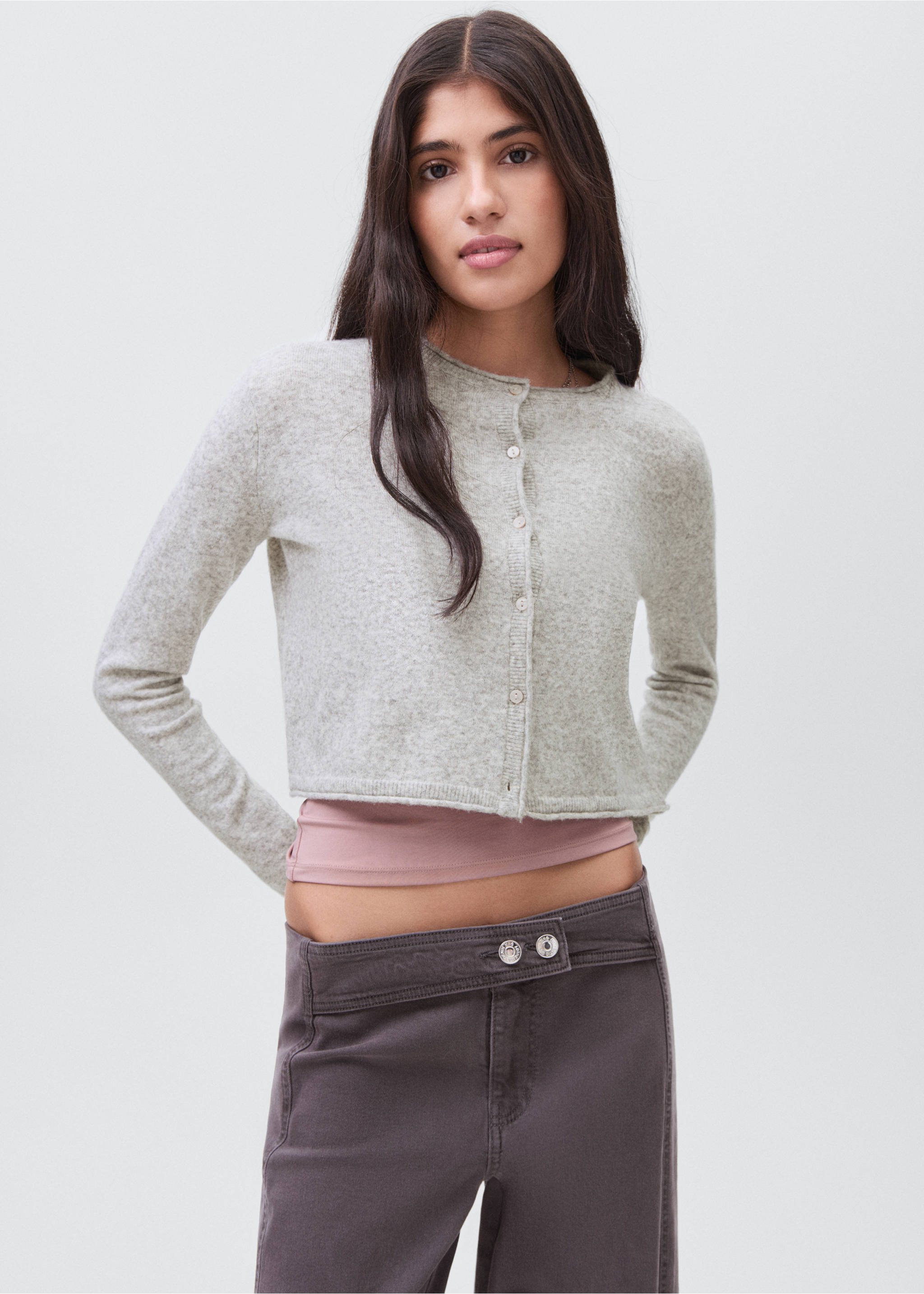 Укороченный кардиган с пуговицами - Средний план, Меланжевый средний серый . Ref: 17035791-00.