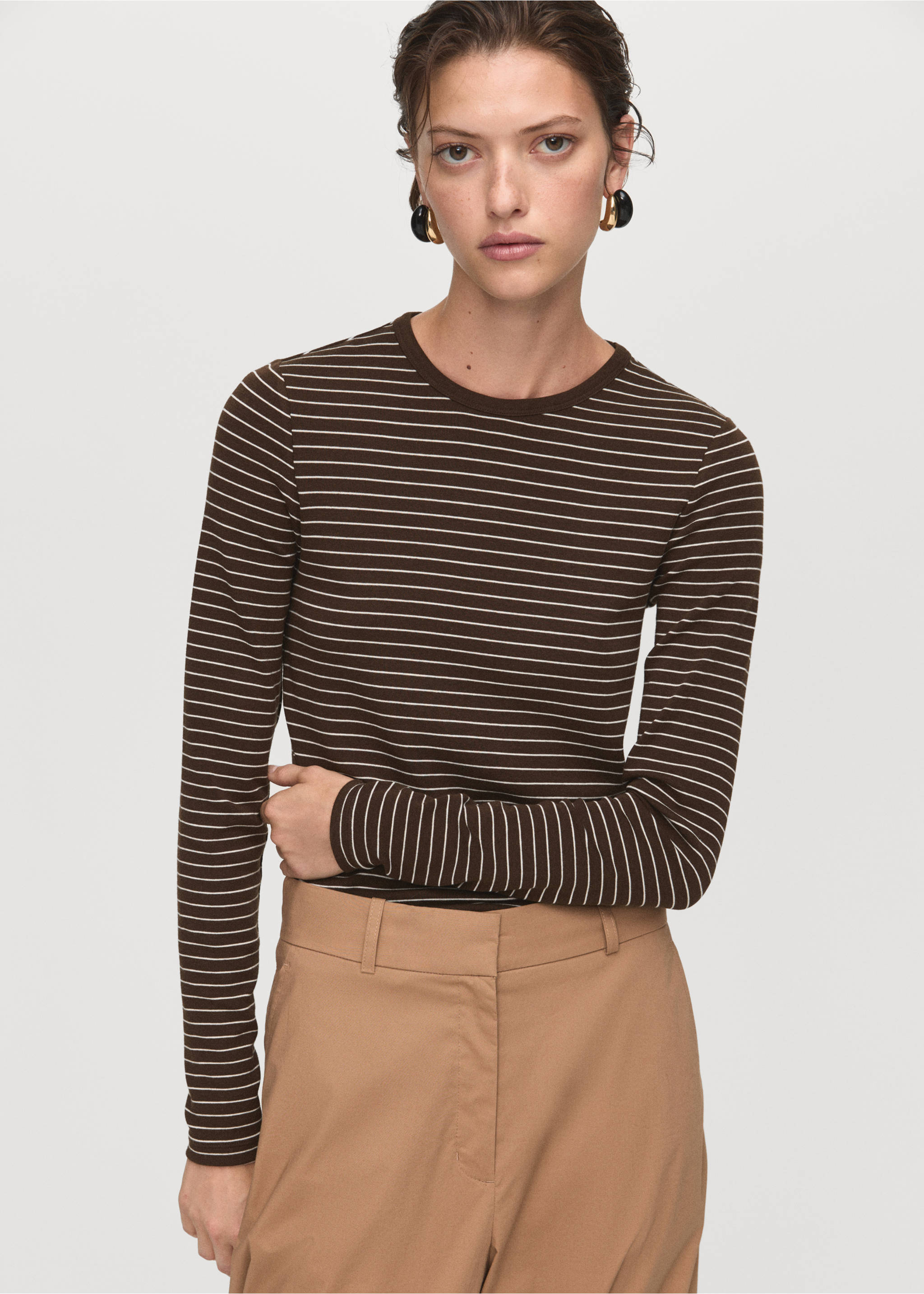 Long-sleeved striped t-shirt - Medium plane, Brown. Ref: 17035797-00.