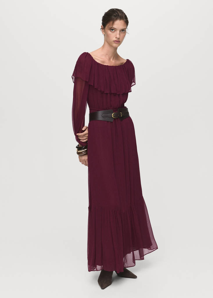 Strapless dress with ruffles — Burgundy