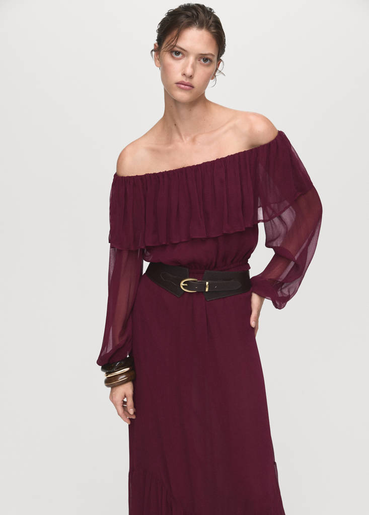 Strapless dress with ruffles — Burgundy