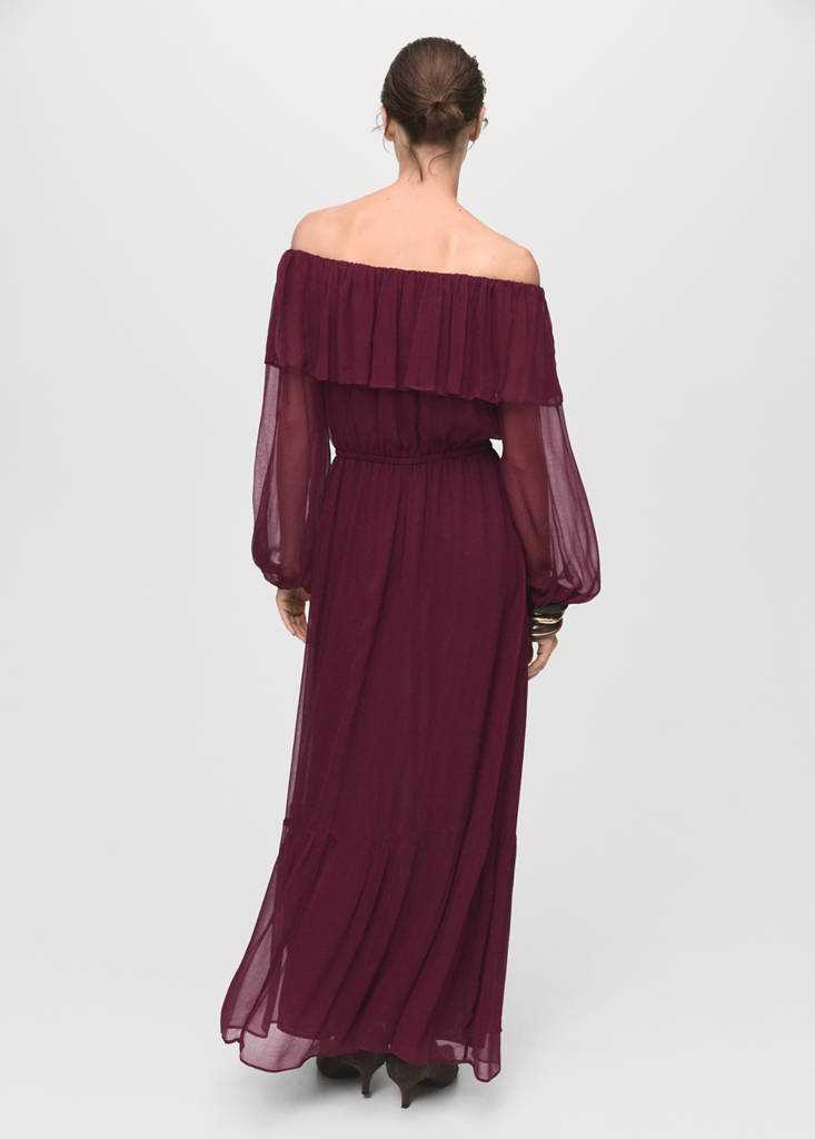 Strapless dress with ruffles — Burgundy