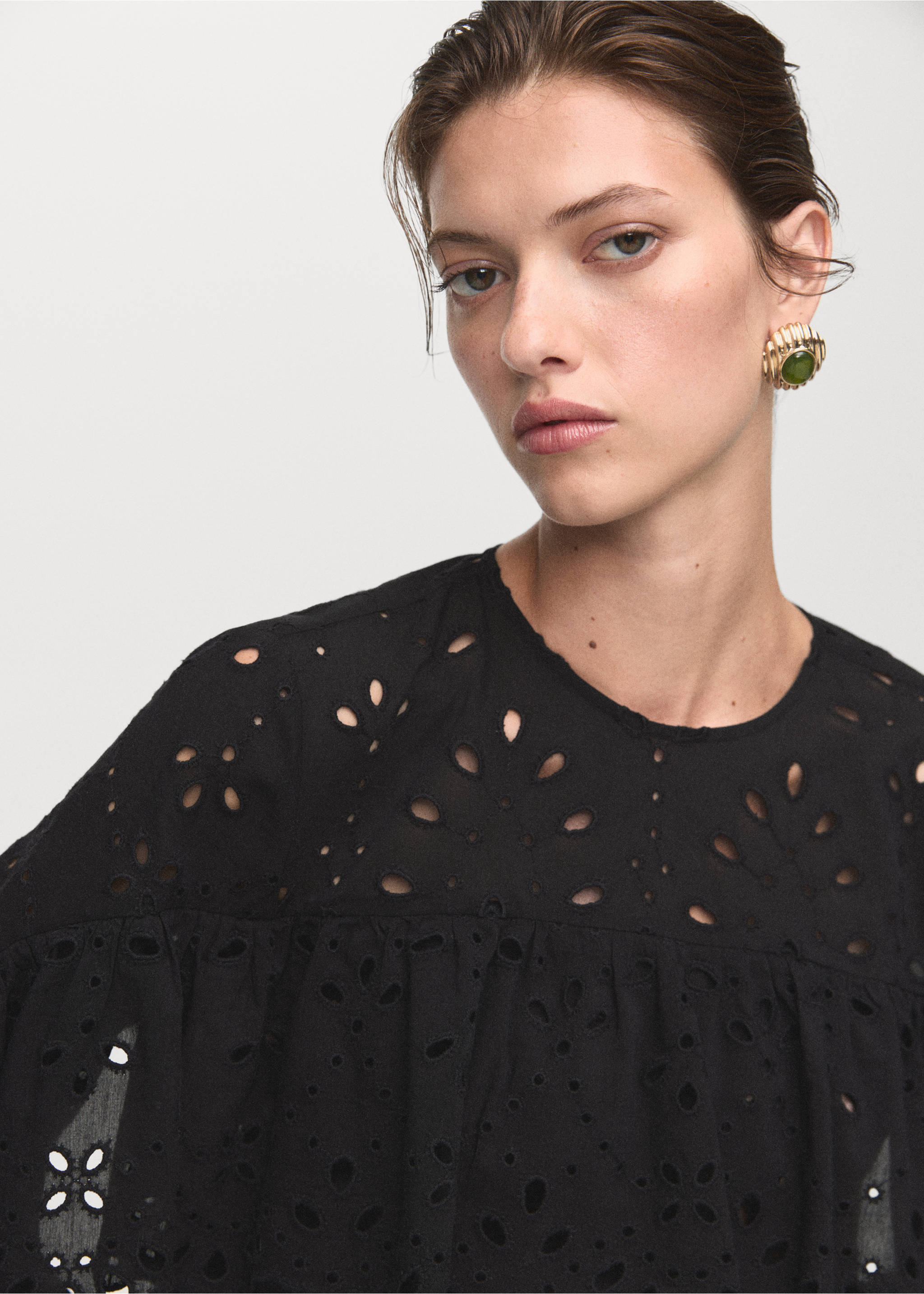 Blouse with embroidered eyelet ruffles - Details of the article 1, Black. Ref: 17035822-00.