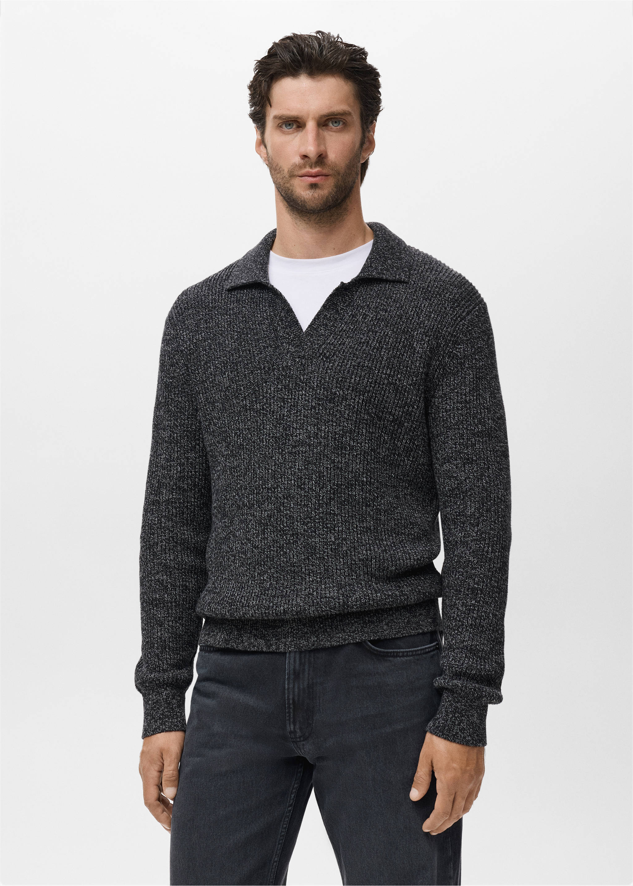100% cotton polo-neck sweater - Medium plane, Dark Heather Grey. Ref: 17035973-00.