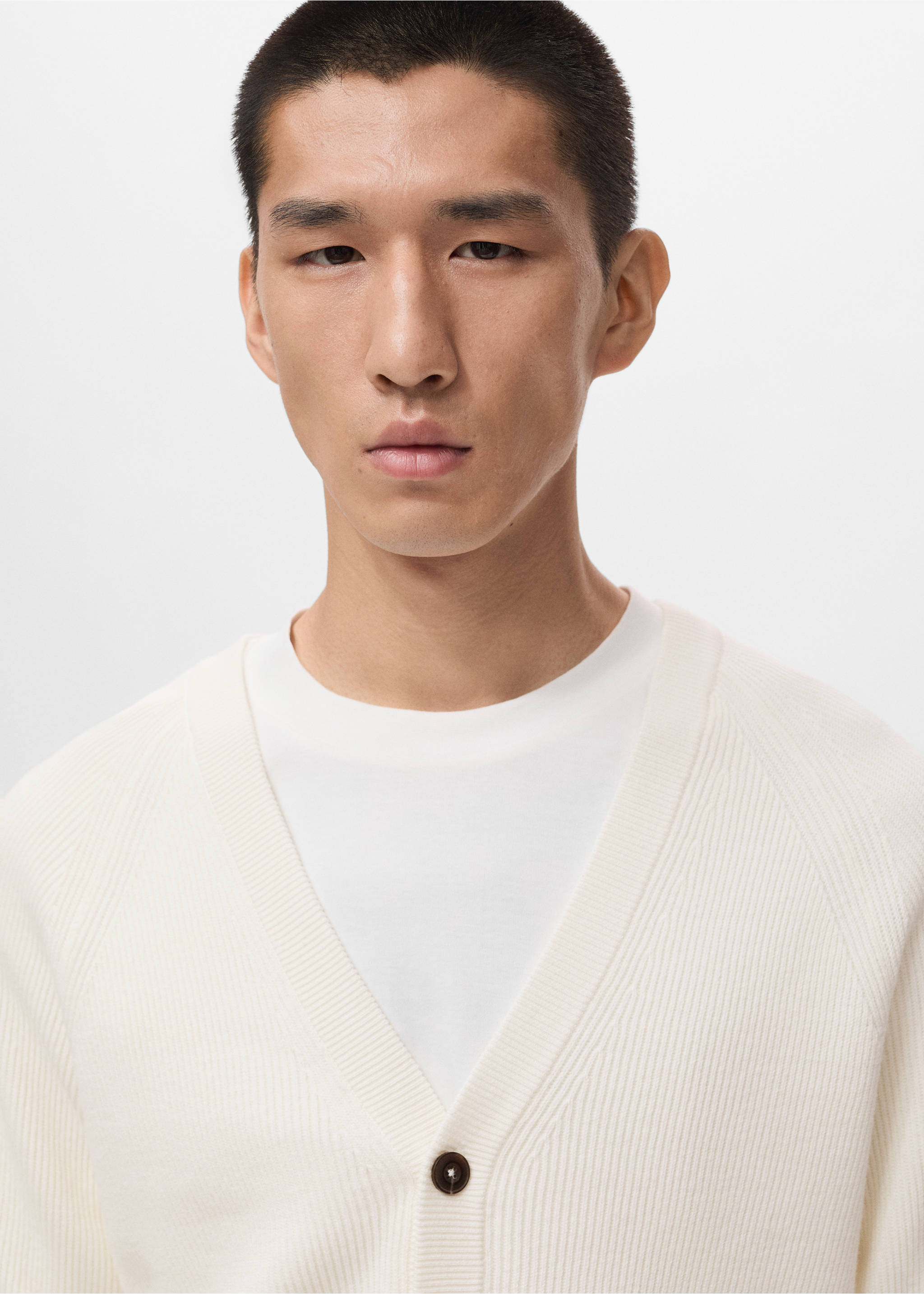 系扣罗纹针织开襟毛衣 - null, 灰白. Ref: 17035974-00.