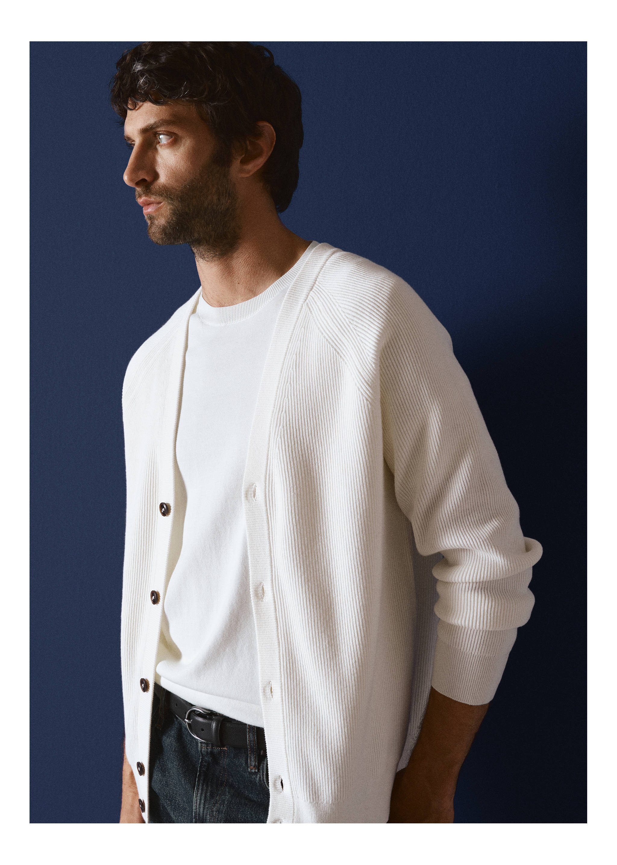 系扣罗纹针织开襟毛衣 - null, 灰白. Ref: 17035974-00.