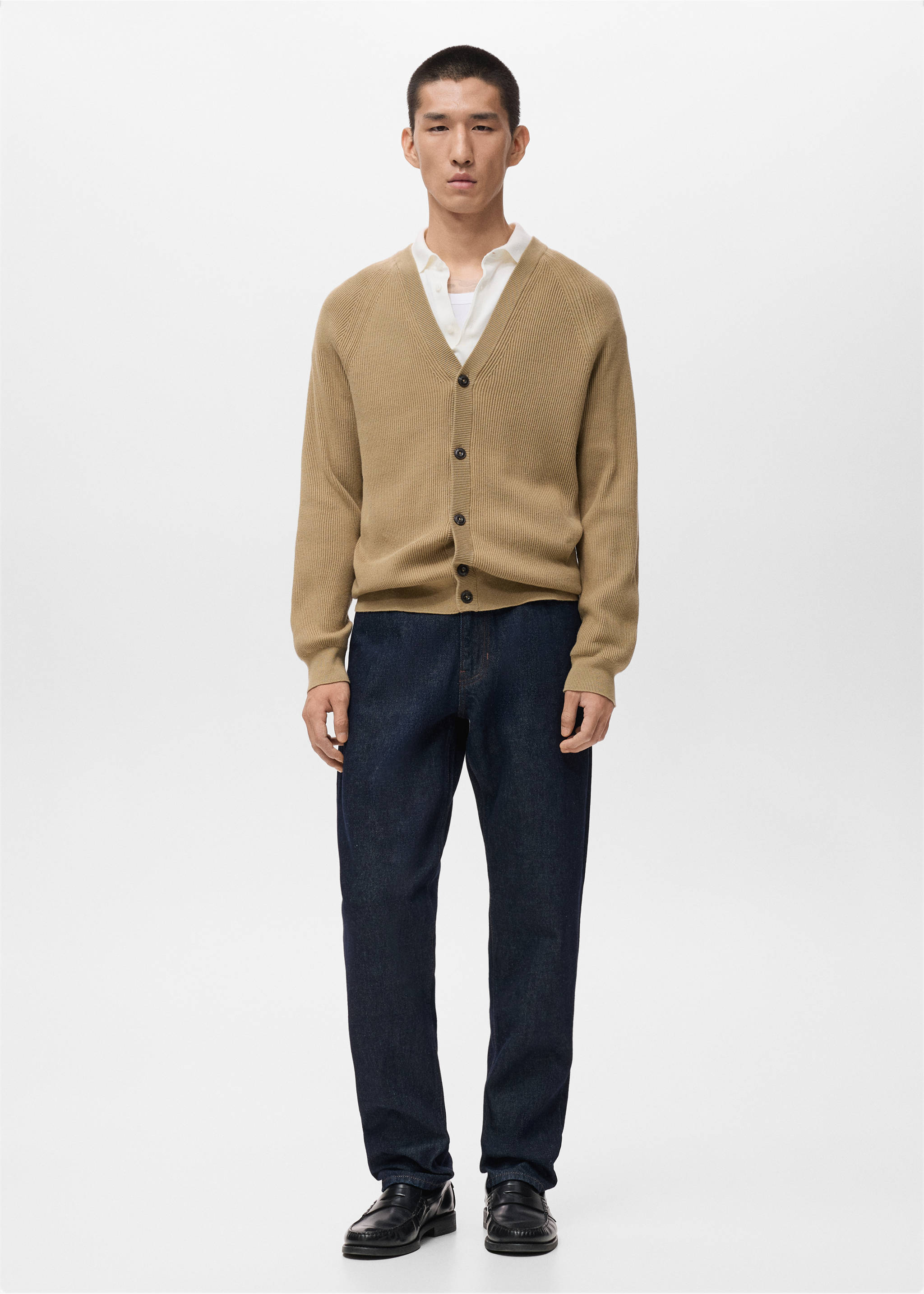 系扣罗纹针织开襟毛衣 - null, 米黄色. Ref: 17035974-00.