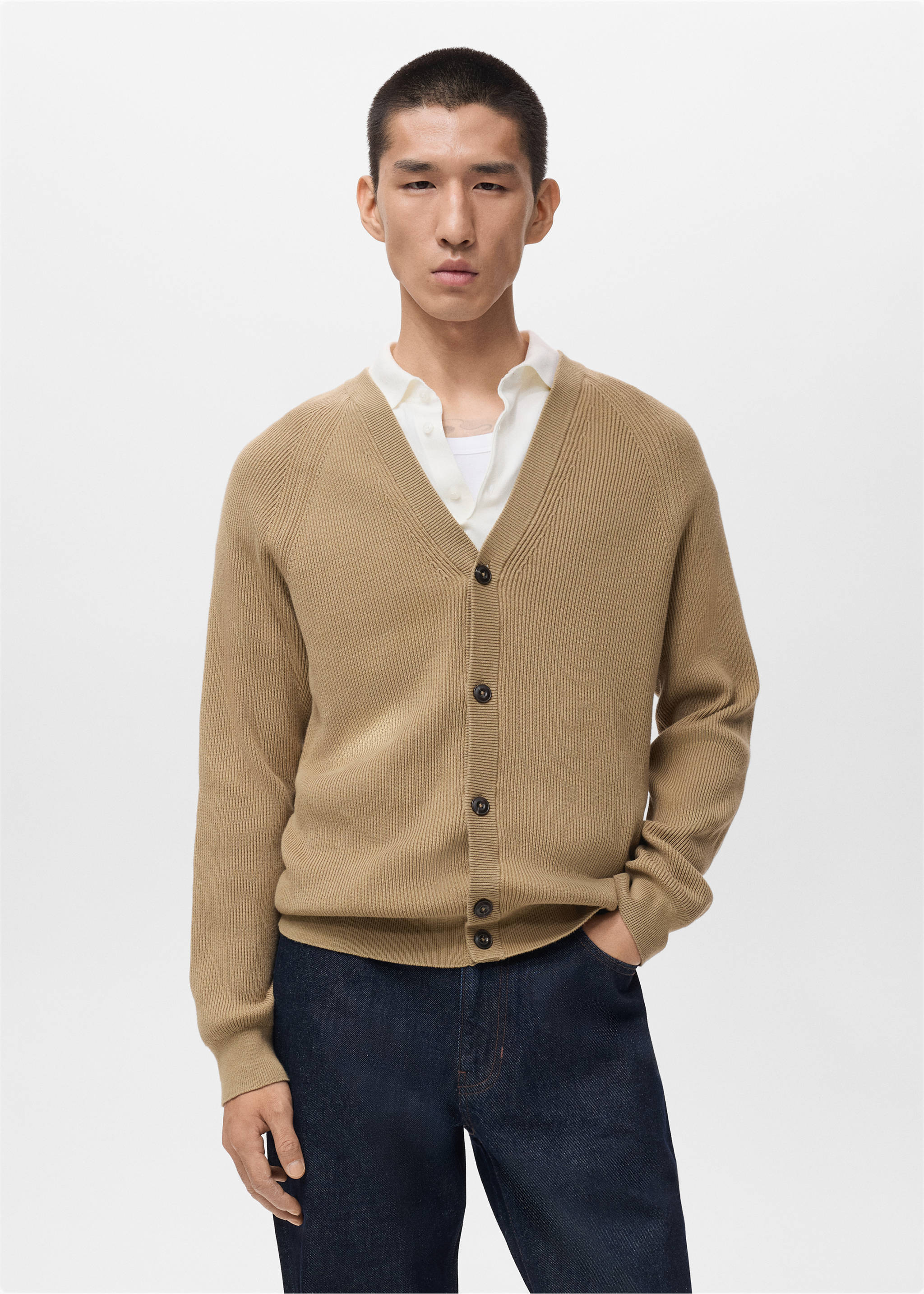 系扣罗纹针织开襟毛衣 - null, 米黄色. Ref: 17035974-00.