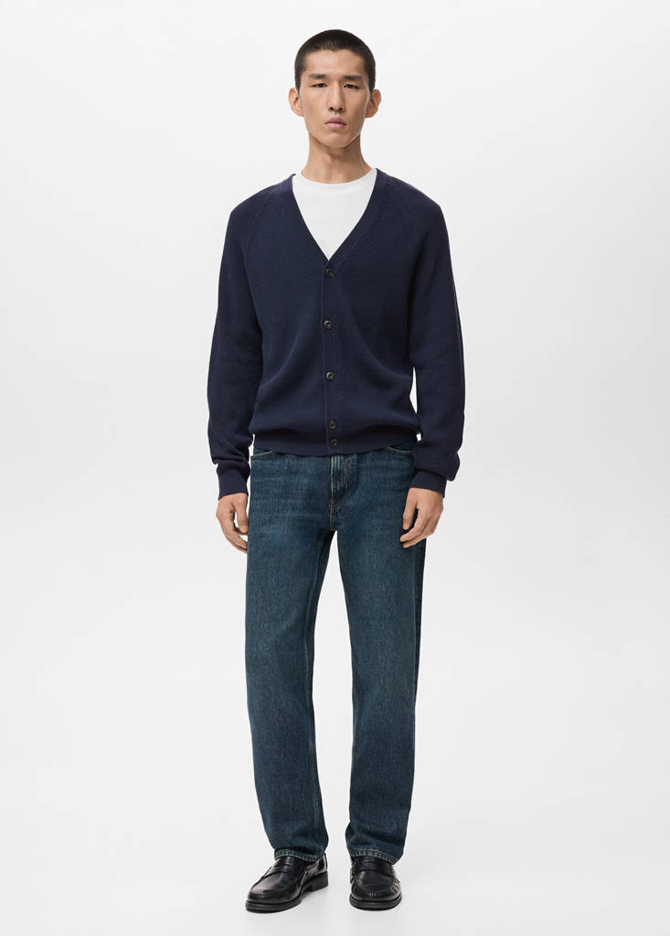 Ribbed knitted cardigan with buttons — Navy