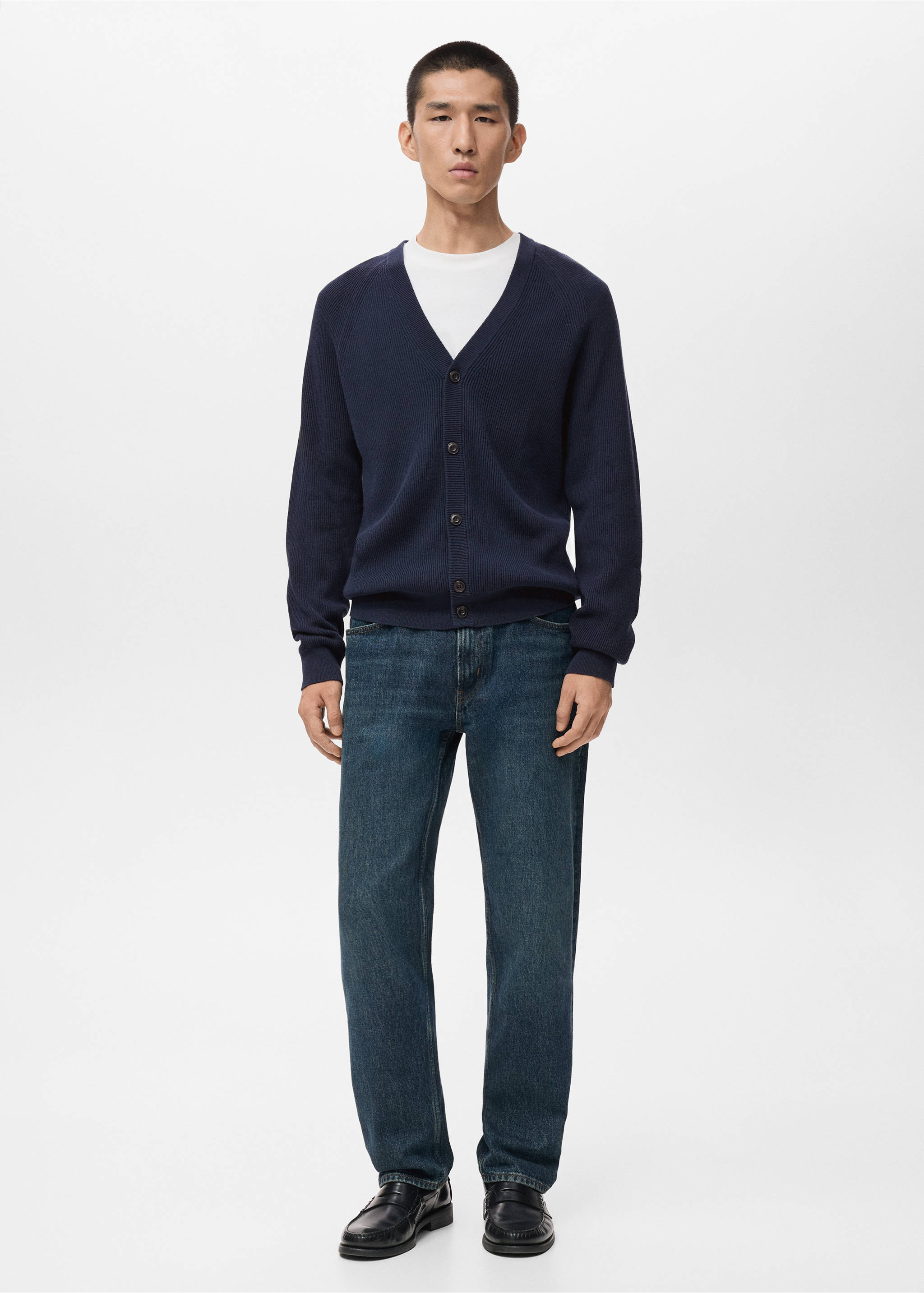 系扣罗纹针织开襟毛衣 - null, 海军蓝. Ref: 17035974-00.