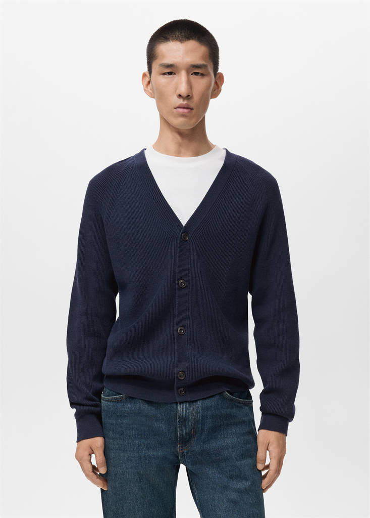 Ribbed knitted cardigan with buttons — Navy